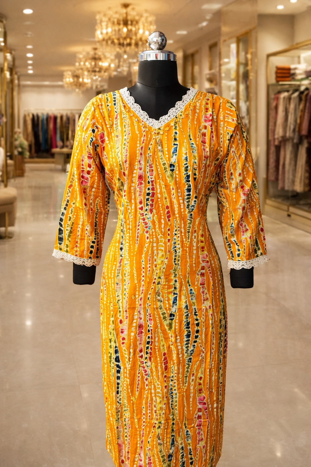 Elegant Mustard Yellow Slub Rayon Straight Kurta with Laced V-Neck - Image 2