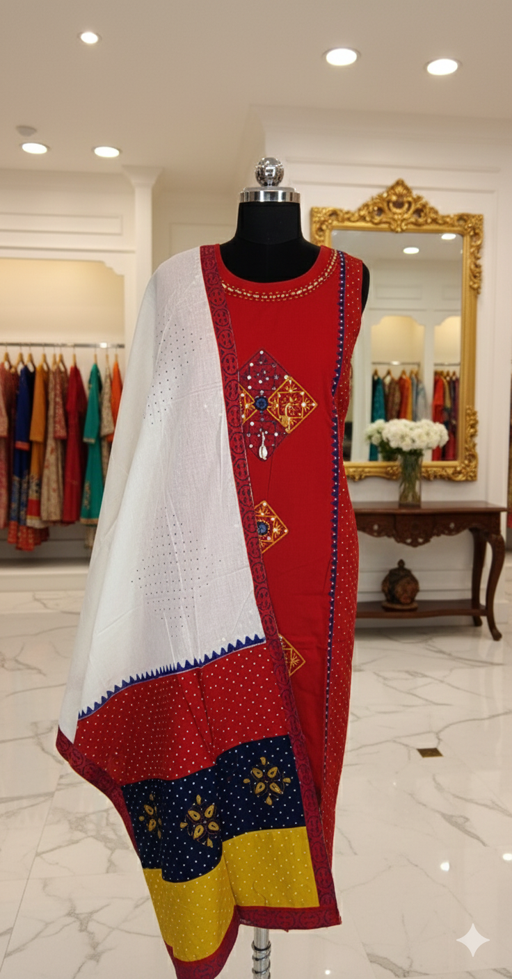 Rust Cotton Mirror Embroidered Straight Kurta Set with Pant & Dupatta - Image 3