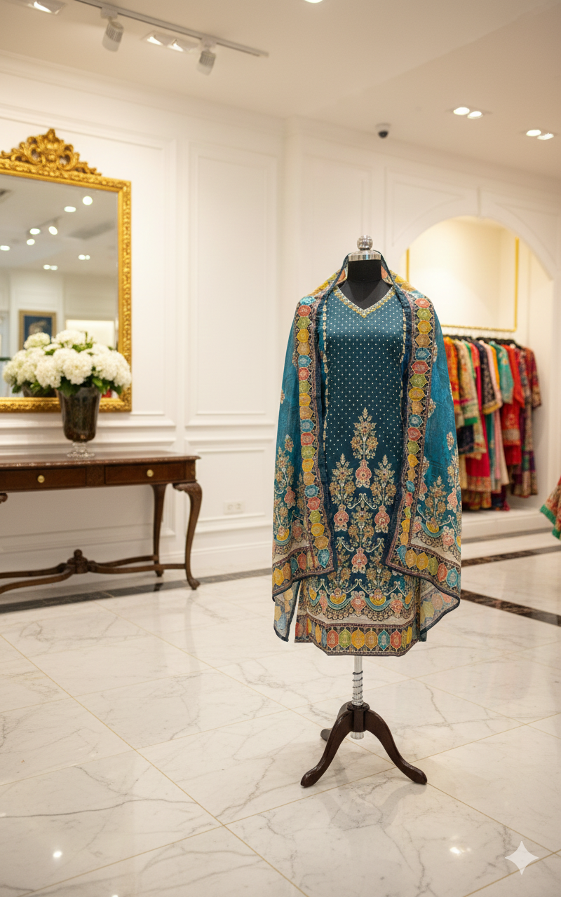 Teal Blue Mul Crepe Embroidered Straight Kurta Set with Pant & Dupatta - Image 2