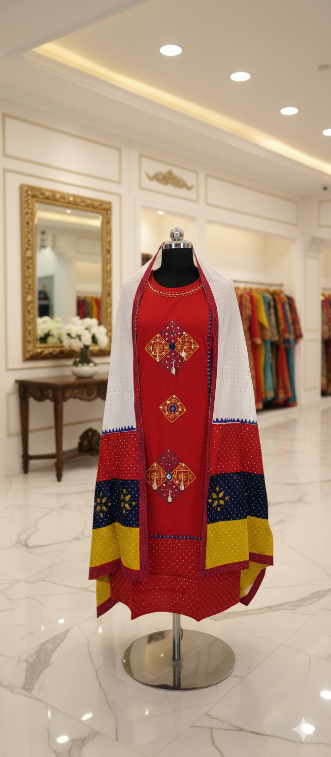 Rust Cotton Mirror Embroidered Straight Kurta Set with Pant & Dupatta - Image 2