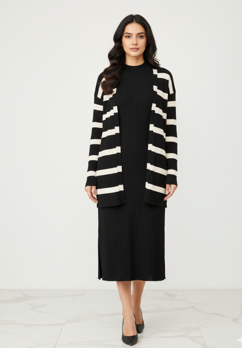 Black Bodycon Dress with Black Shrug Featuring White Stripes - Image 4