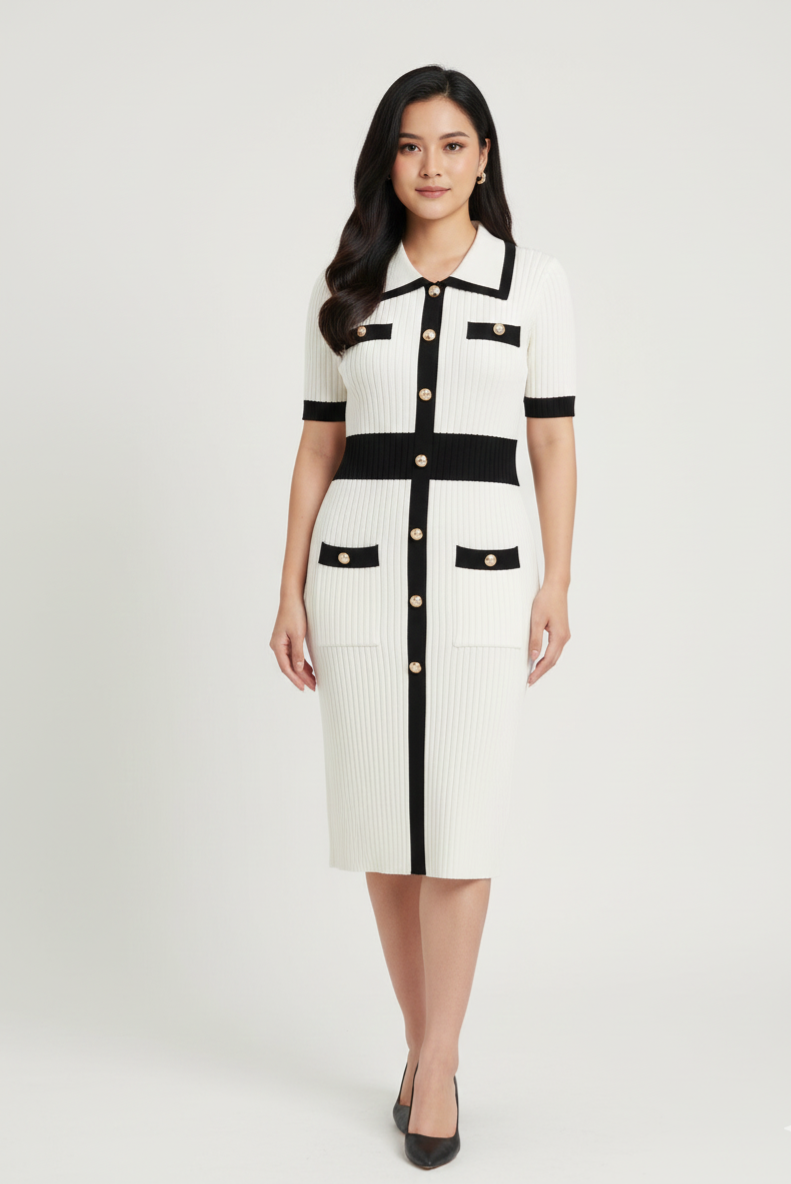Off-White & Black Bodycon Dress with Pearl Buttons