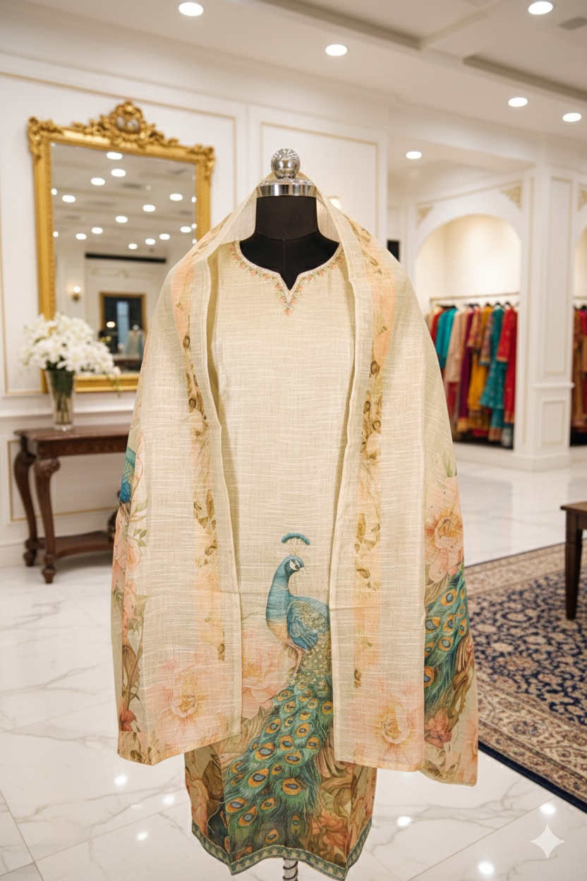 Linen Simar Gold Peacock Embroidered Kurta Set with Pant & Peacock Embroidered Dupatta - Image 2