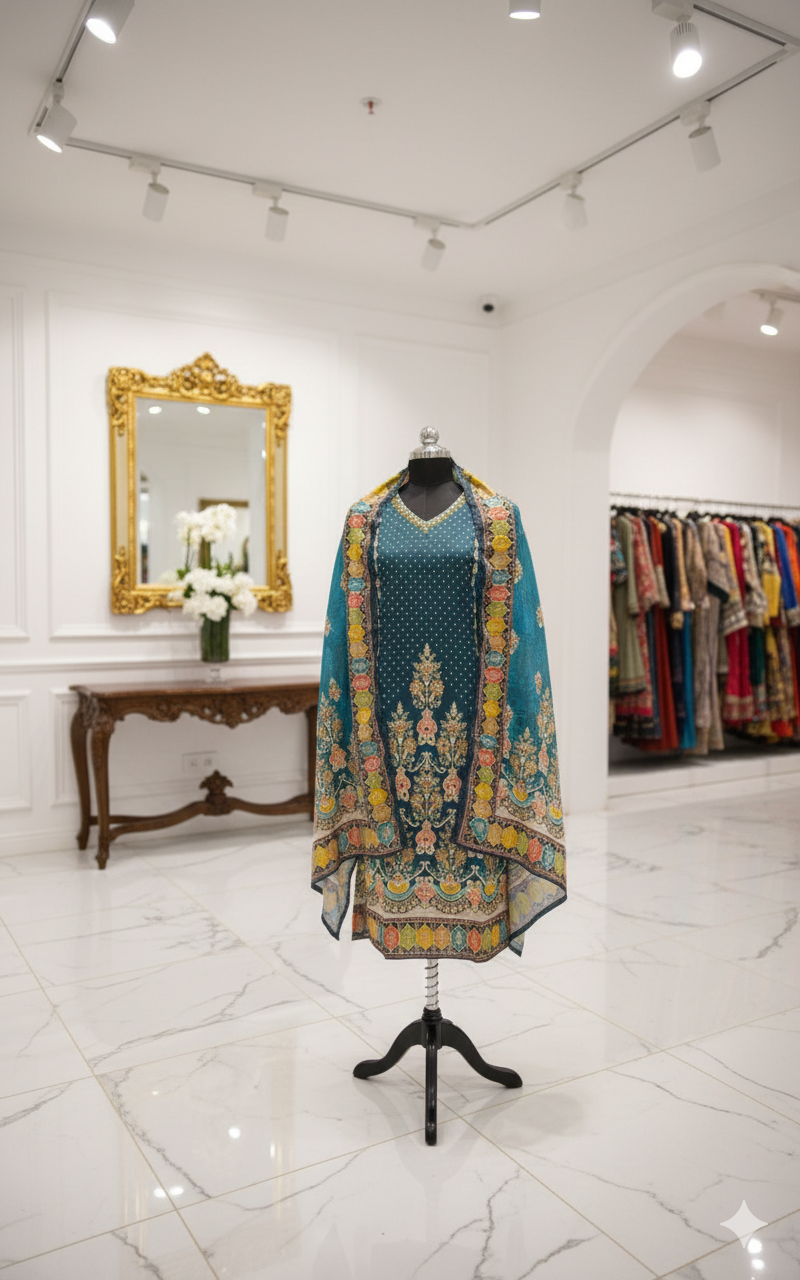 Teal Blue Mul Crepe Embroidered Straight Kurta Set with Pant & Dupatta - Image 3