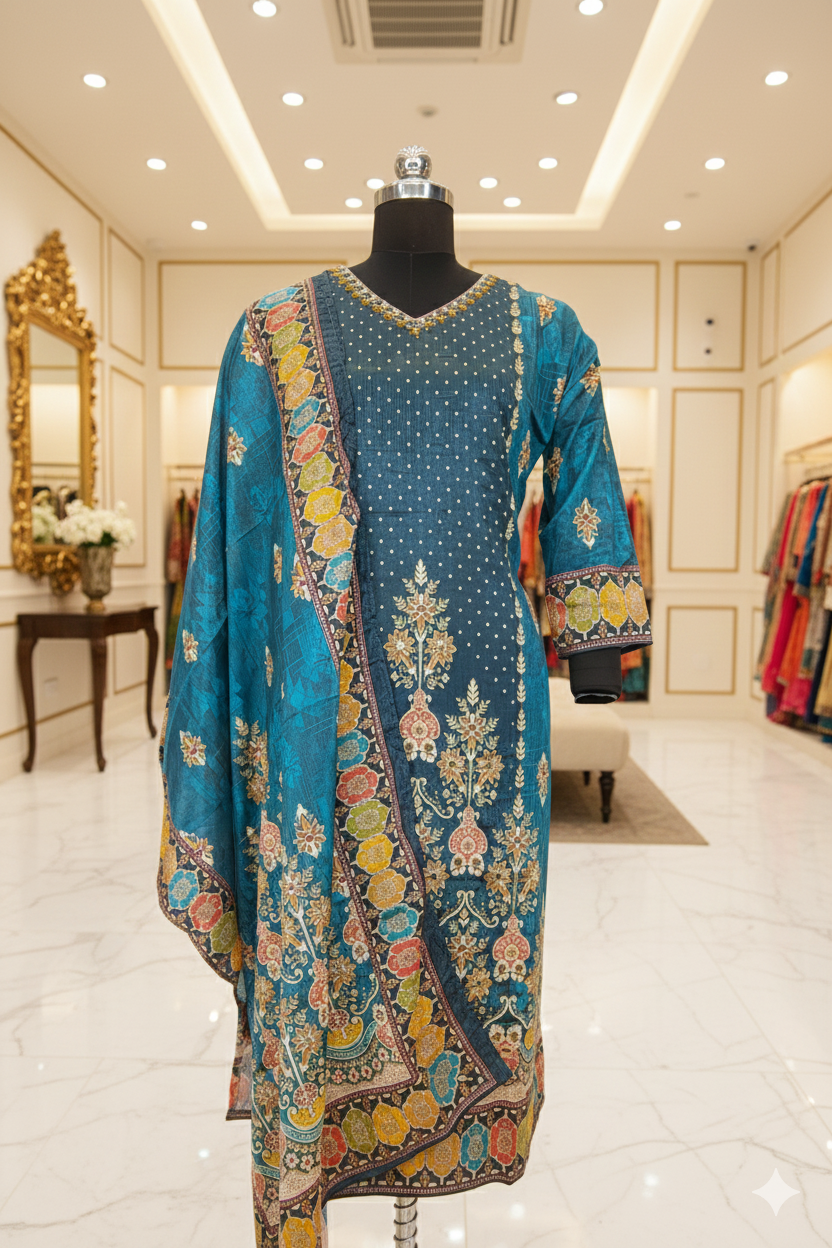 Teal Blue Mul Crepe Embroidered Straight Kurta Set with Pant & Dupatta