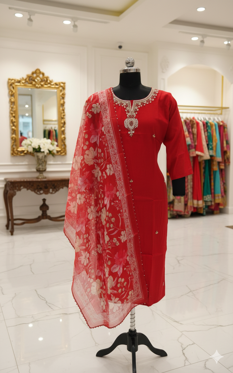 Red Roman Silk Sequin Embroidered Straight Kurta Set with Pant & Floral Dupatta - Image 2