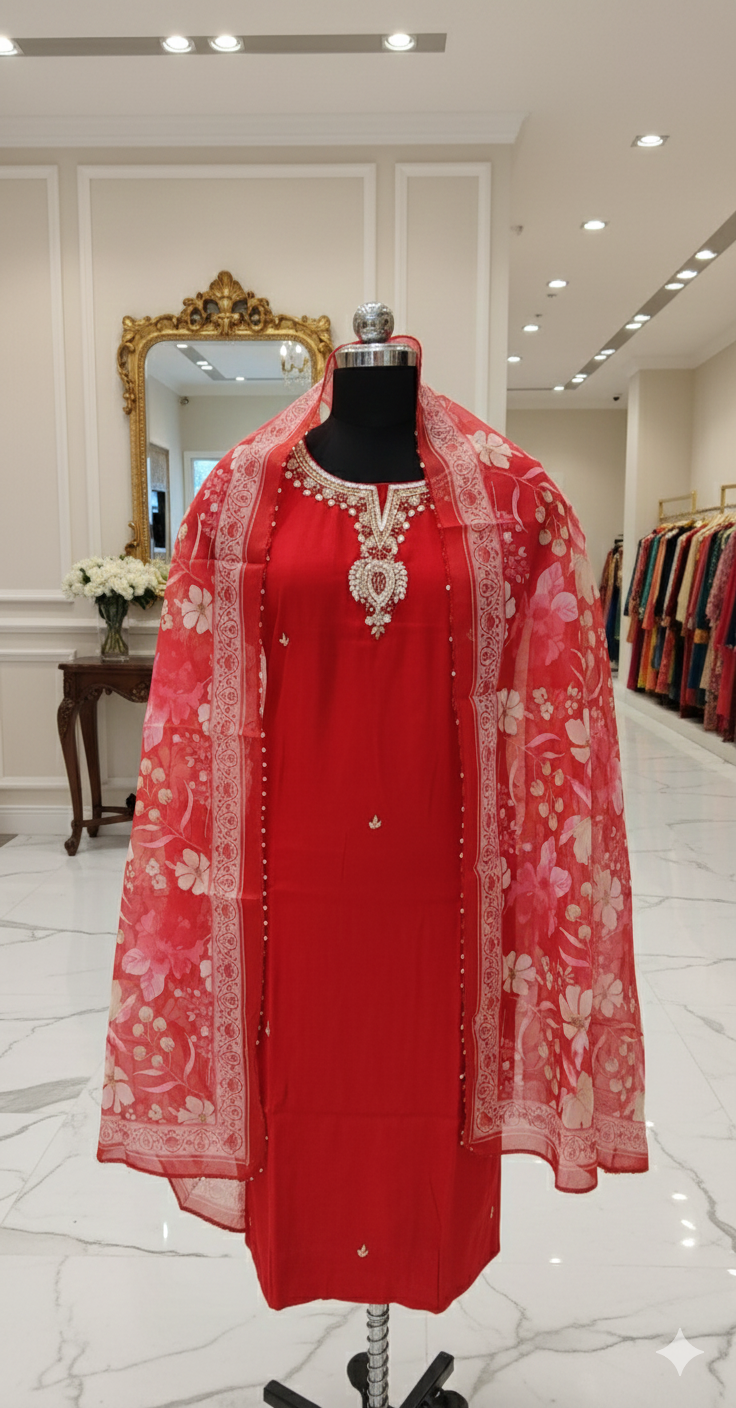 Red Roman Silk Sequin Embroidered Straight Kurta Set with Pant & Floral Dupatta - Image 3