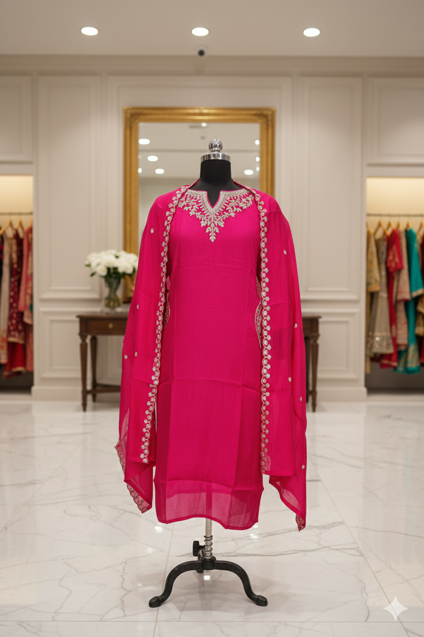Hot Pink Roman Silk Gold Embroidered Anarkali Kurta Set with Pant, Dupatta & Pockets - Image 2