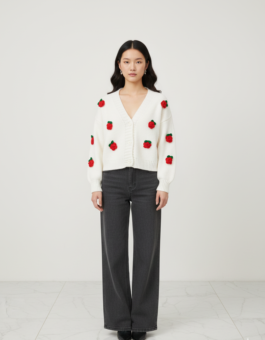 Beige Sweater with Floral Cardigan – Appliqué Detail Women’s Layered Knit Set - Image 3