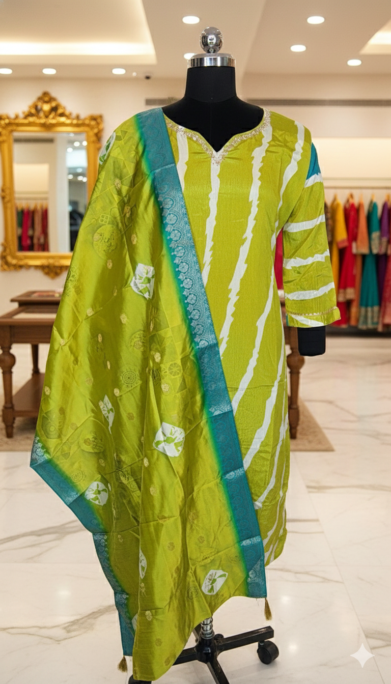Lime Green Chinon Gold Embroidered Straight Kurta Set with Pant & Dupatta - Image 3