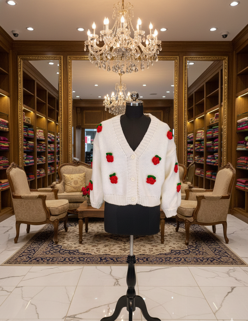 Beige Sweater with Floral Cardigan – Appliqué Detail Women’s Layered Knit Set - Image 4