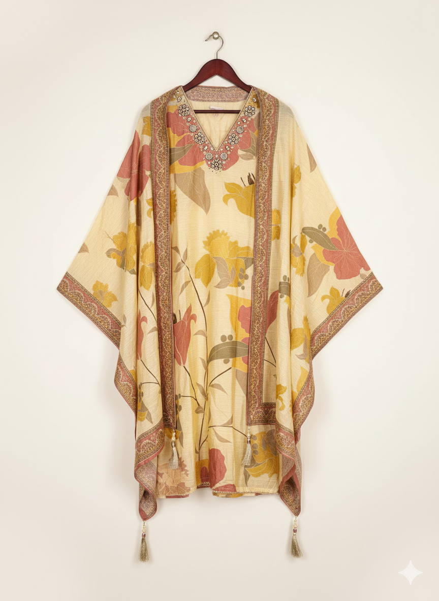 Beige Mul Cotton Mirror Embroidered V-Neck Straight Kurta Set with Pant & Dupatta - Image 2