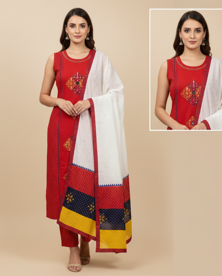 Rust Cotton Mirror Embroidered Straight Kurta Set with Pant & Dupatta - Image 4