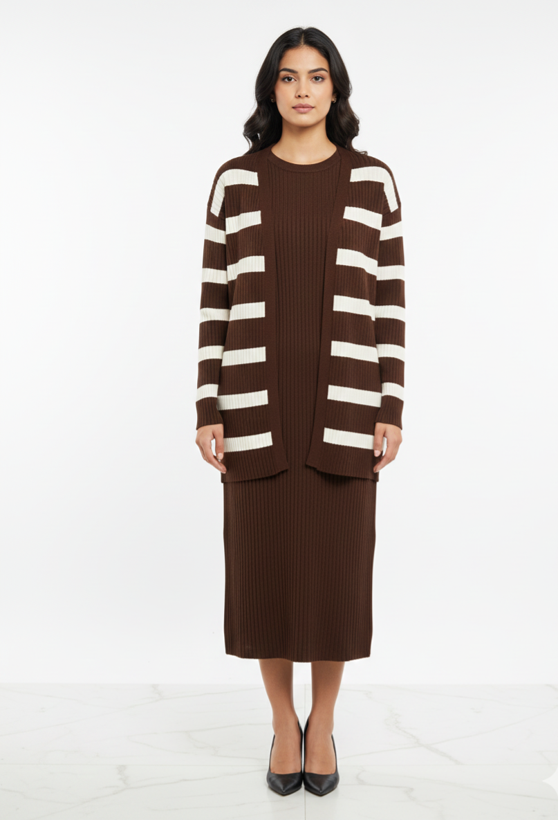Coffee Brown Bodycon Dress with Striped Shrug – Elegant Women’s Co-Ord Set - Image 5