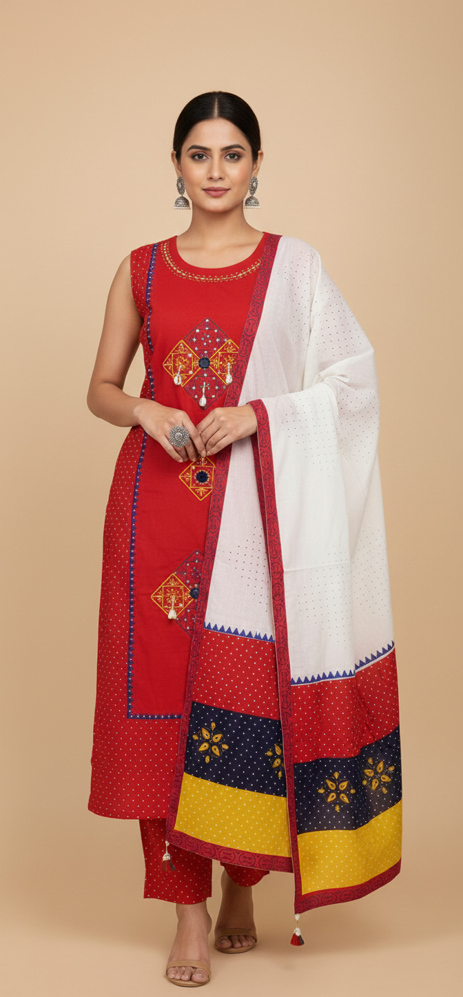 Rust Cotton Mirror Embroidered Straight Kurta Set with Pant & Dupatta