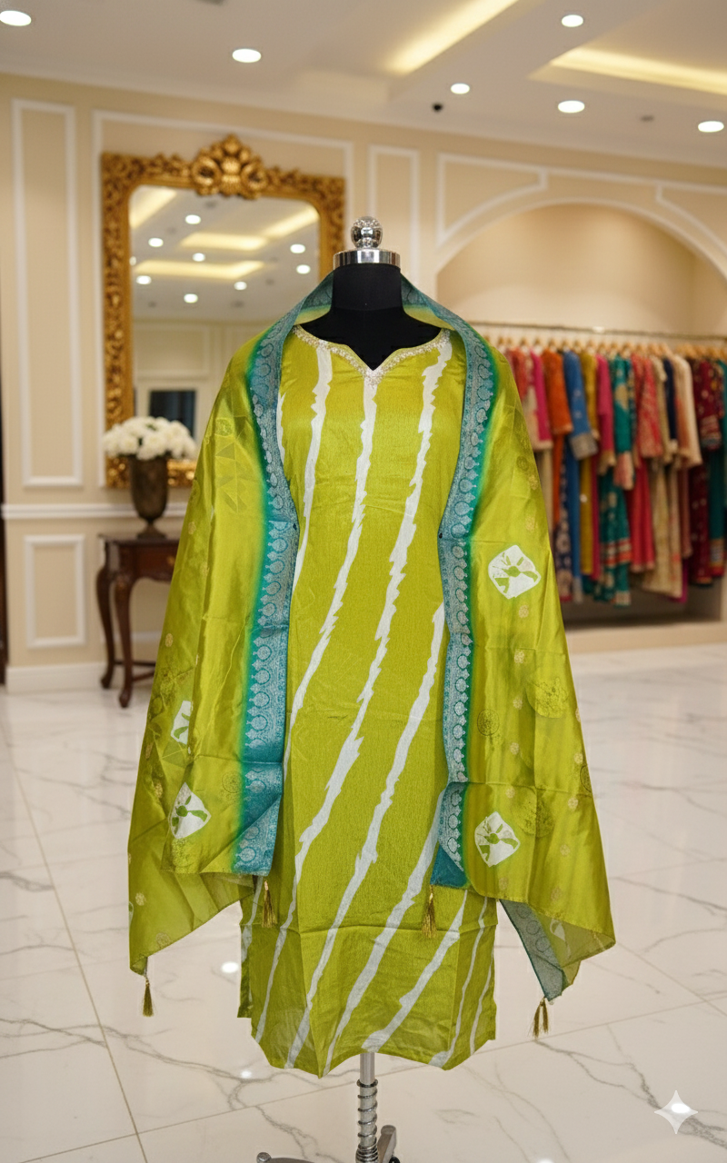 Lime Green Chinon Gold Embroidered Straight Kurta Set with Pant & Dupatta - Image 4