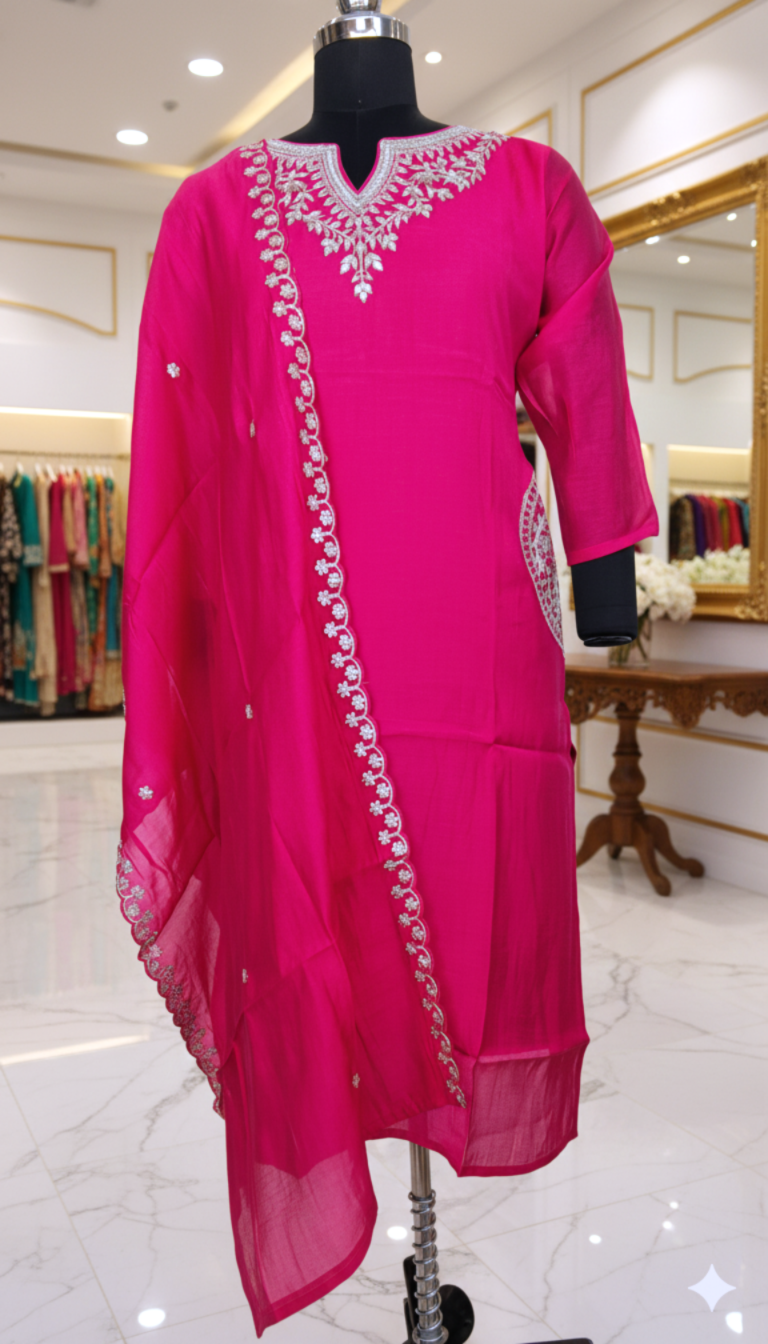 Hot Pink Roman Silk Gold Embroidered Anarkali Kurta Set with Pant, Dupatta & Pockets - Image 3
