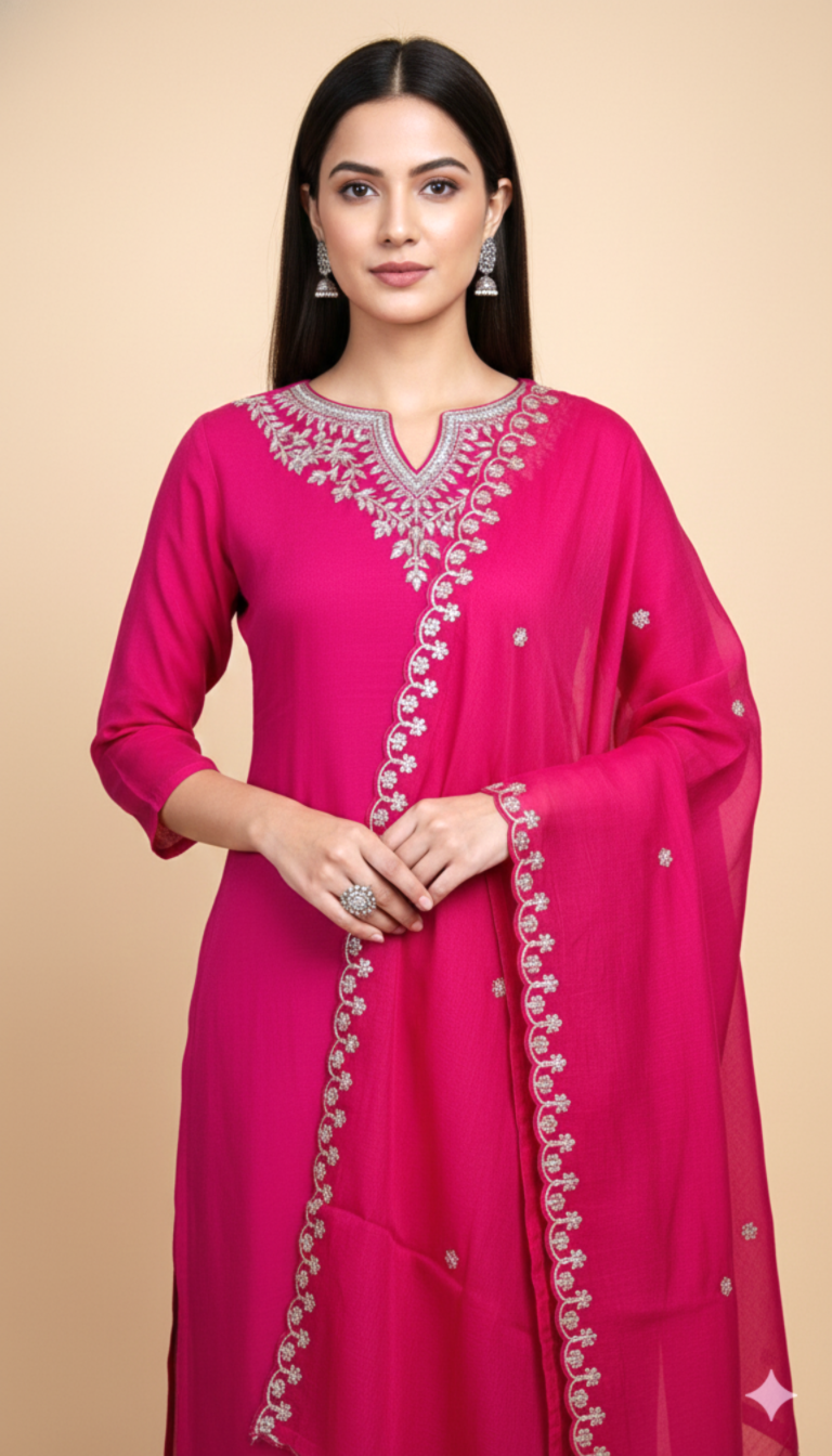 Hot Pink Roman Silk Gold Embroidered Anarkali Kurta Set with Pant, Dupatta & Pockets