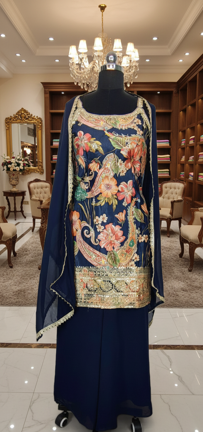 Navy Blue Silk & Georgette Floral Print Party Wear Sharara Set - Image 3