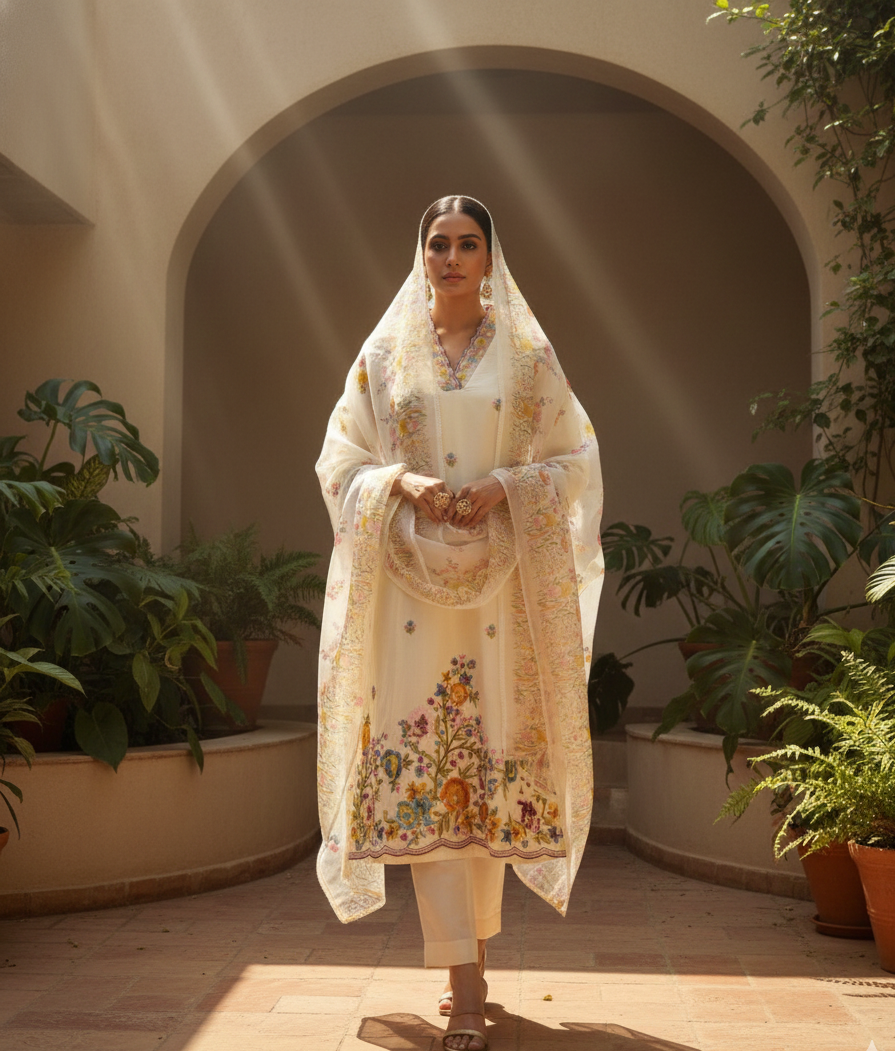 Ivory Mul Cotton Laced V-Neck Straight Kurta Set with 3D Floral Sequin Work, Pant & Floral Dupatta