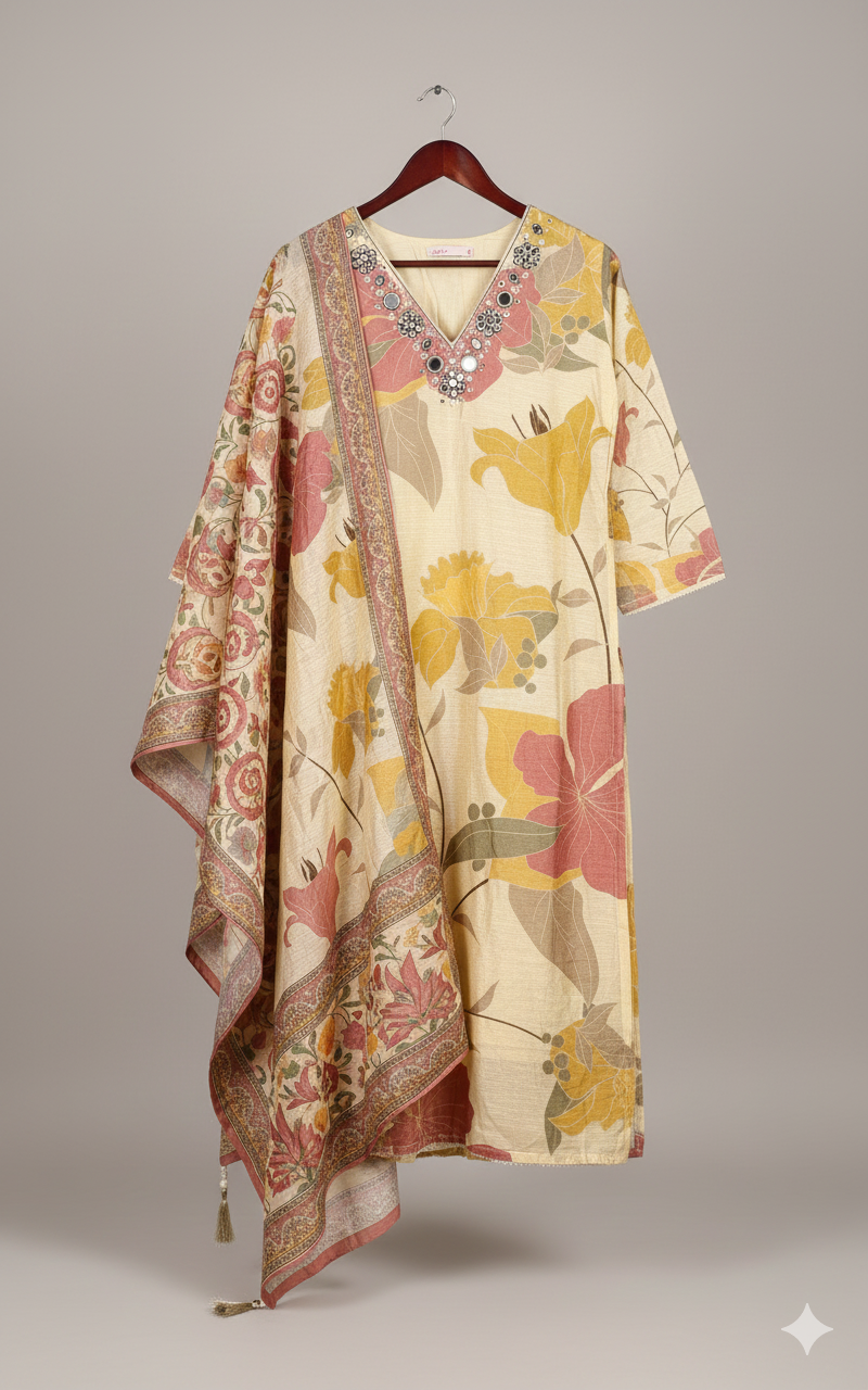 Beige Mul Cotton Mirror Embroidered V-Neck Straight Kurta Set with Pant & Dupatta