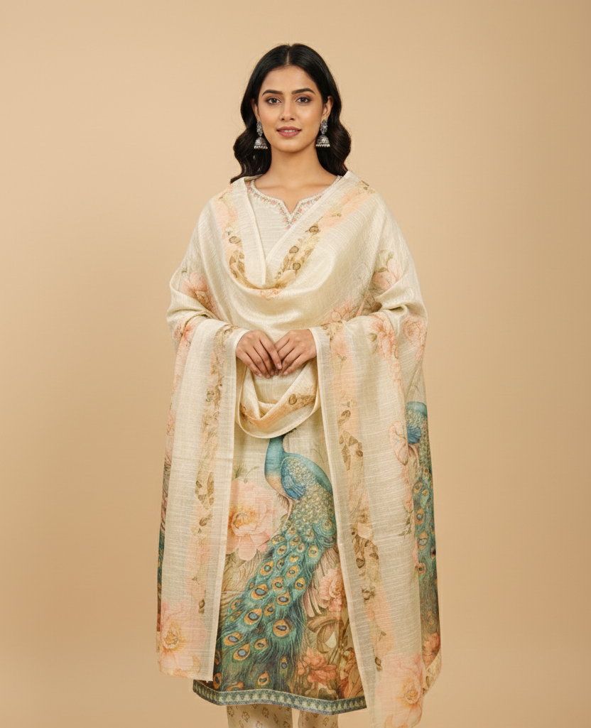 Linen Simar Gold Peacock Embroidered Kurta Set with Pant & Peacock Embroidered Dupatta