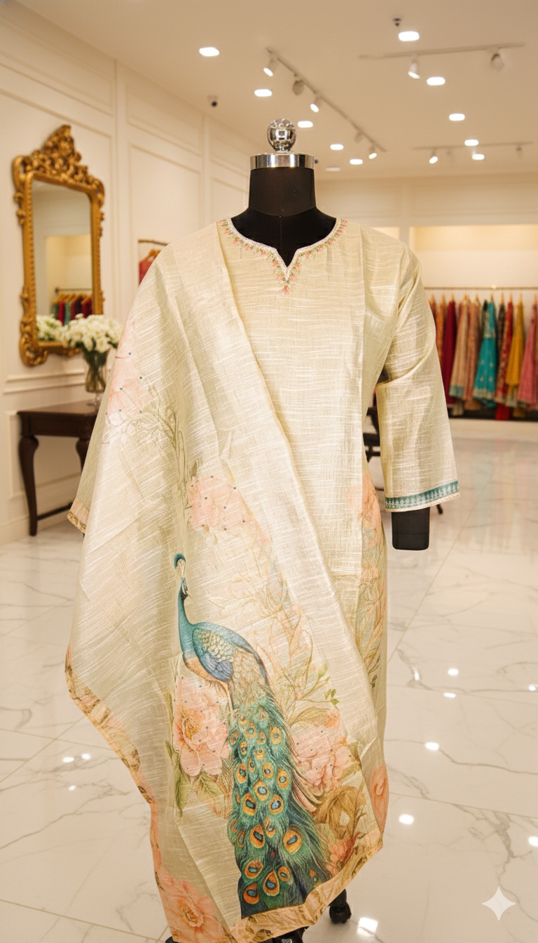 Linen Simar Gold Peacock Embroidered Kurta Set with Pant & Peacock Embroidered Dupatta - Image 3