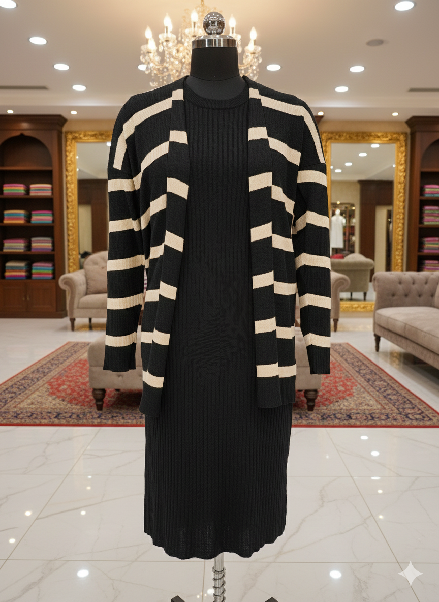 Black Bodycon Dress with Black Shrug Featuring White Stripes - Image 5