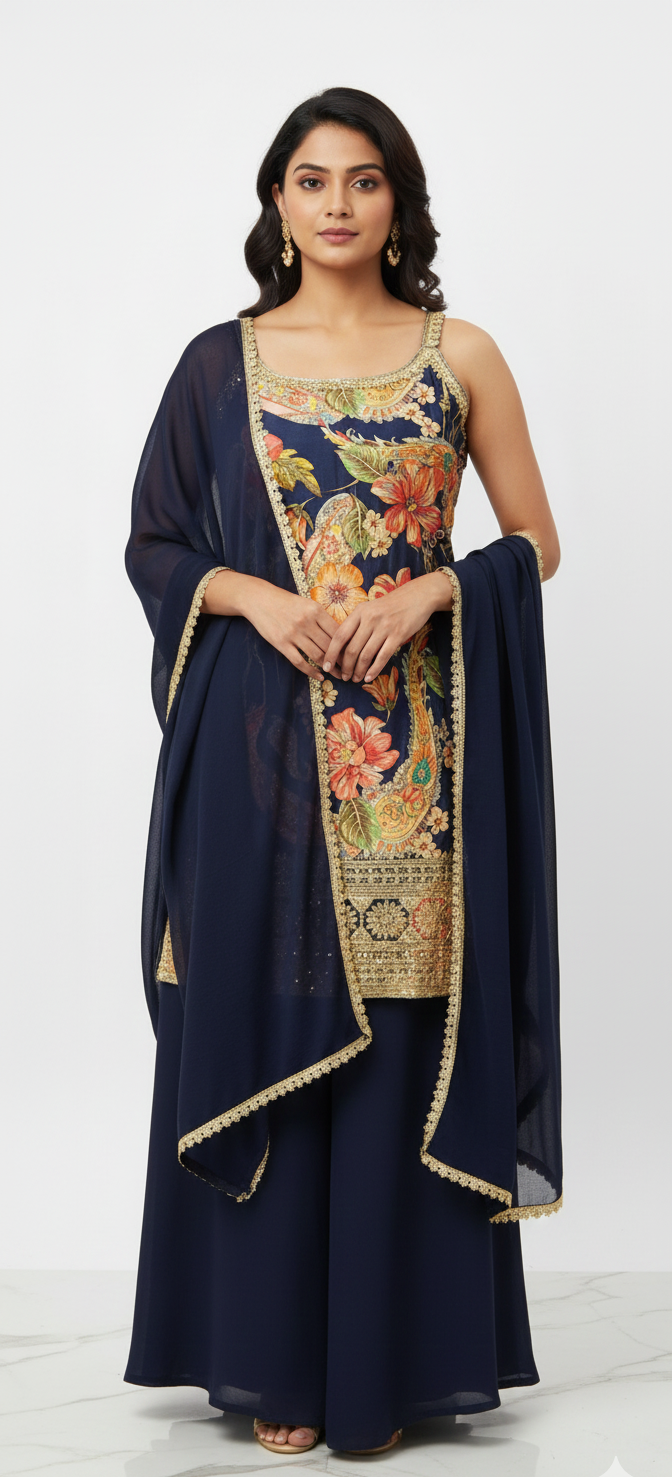 Navy Blue Silk & Georgette Floral Print Party Wear Sharara Set