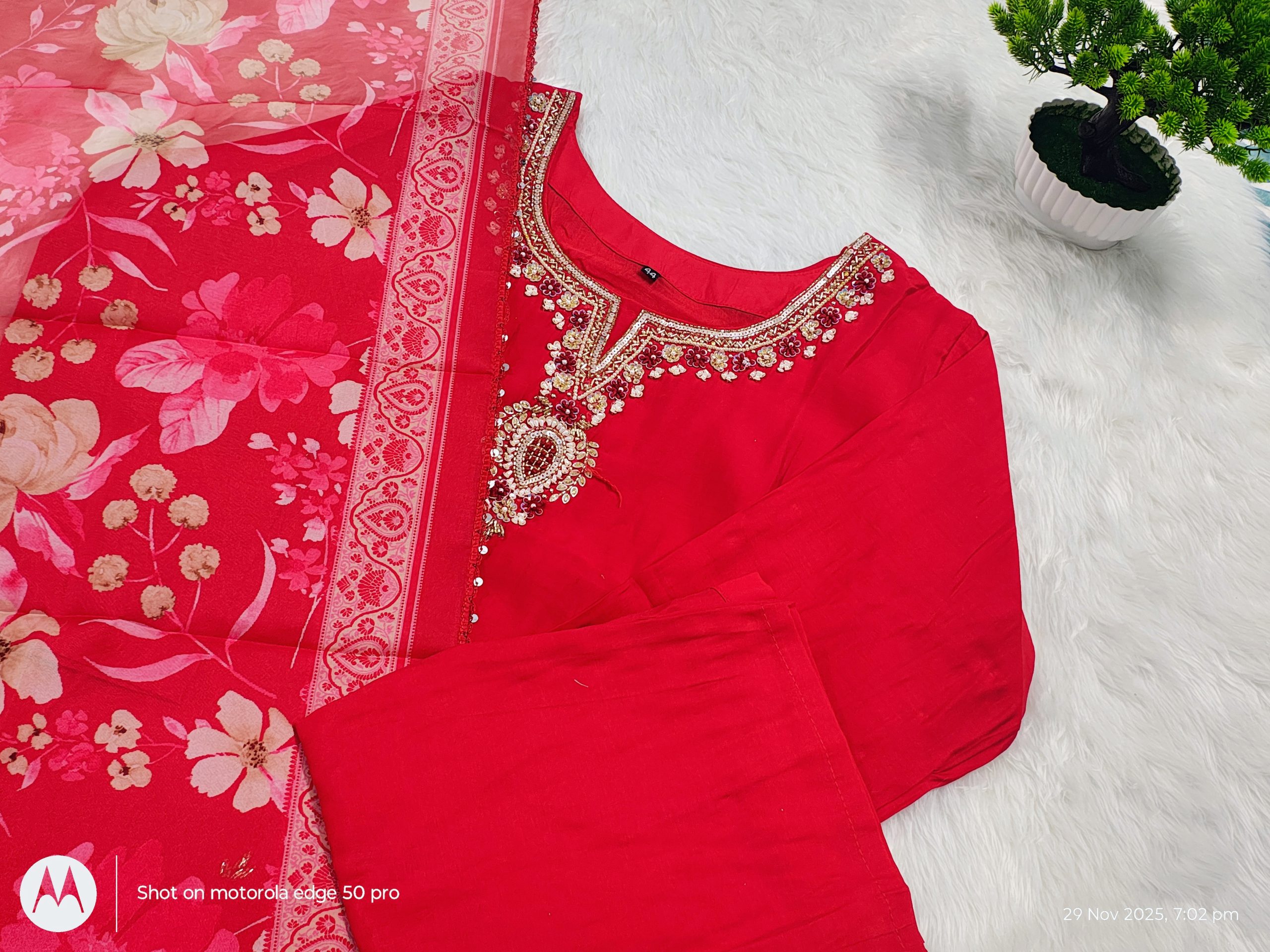 Red Roman Silk Sequin Embroidered Straight Kurta Set with Pant & Floral Dupatta - Image 4