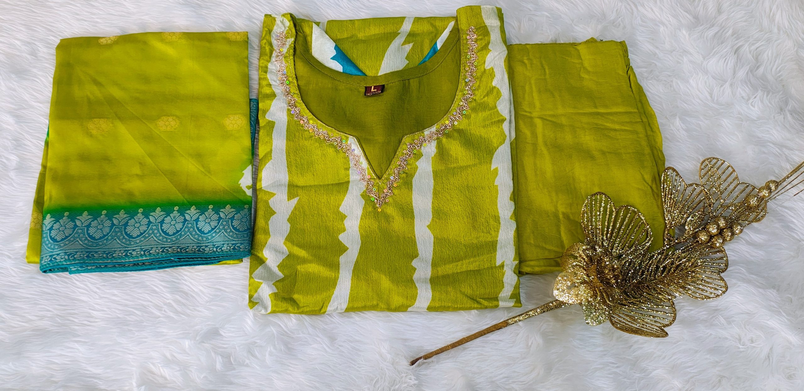 Lime Green Chinon Gold Embroidered Straight Kurta Set with Pant & Dupatta - Image 5