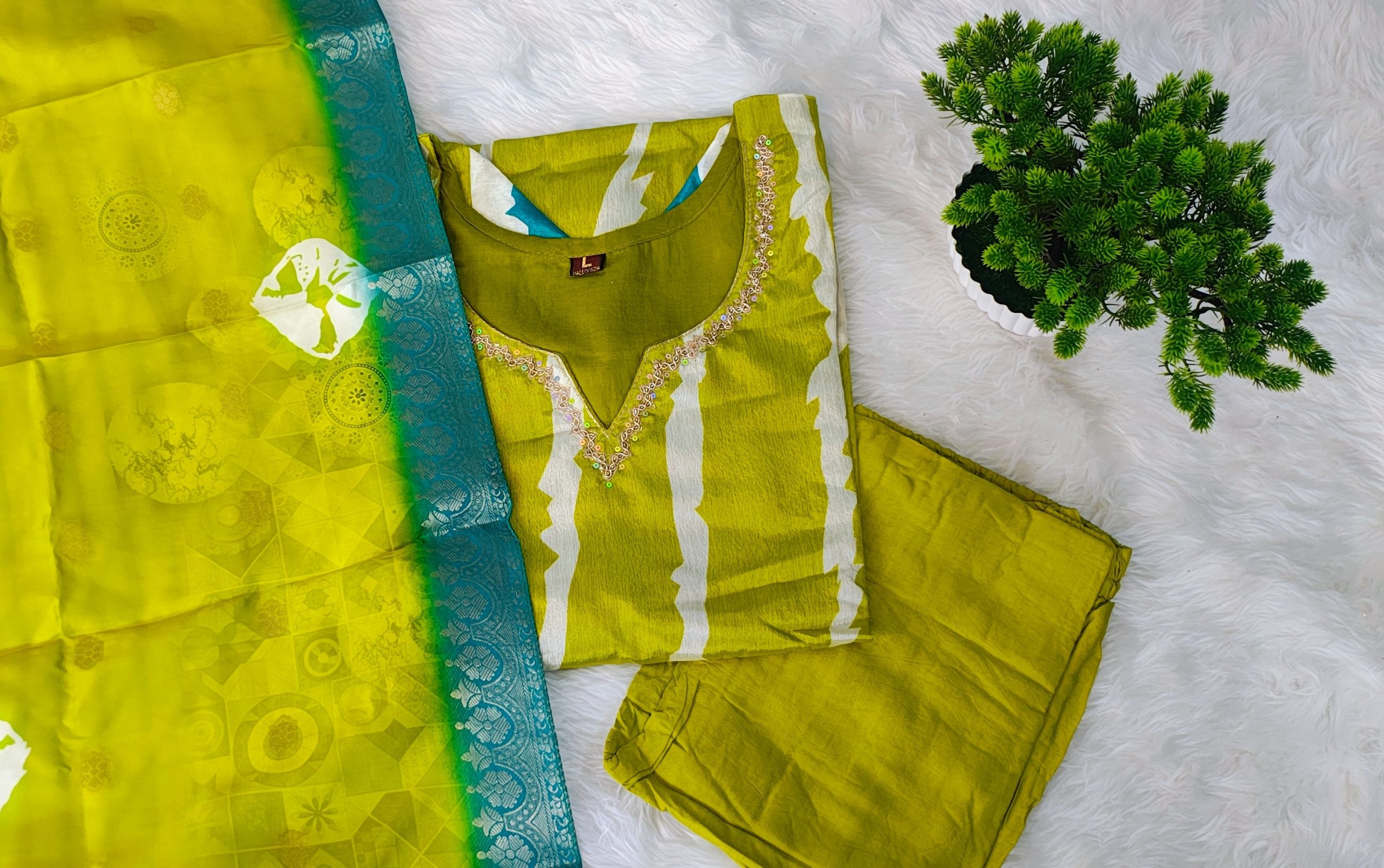 Lime Green Chinon Gold Embroidered Straight Kurta Set with Pant & Dupatta - Image 6