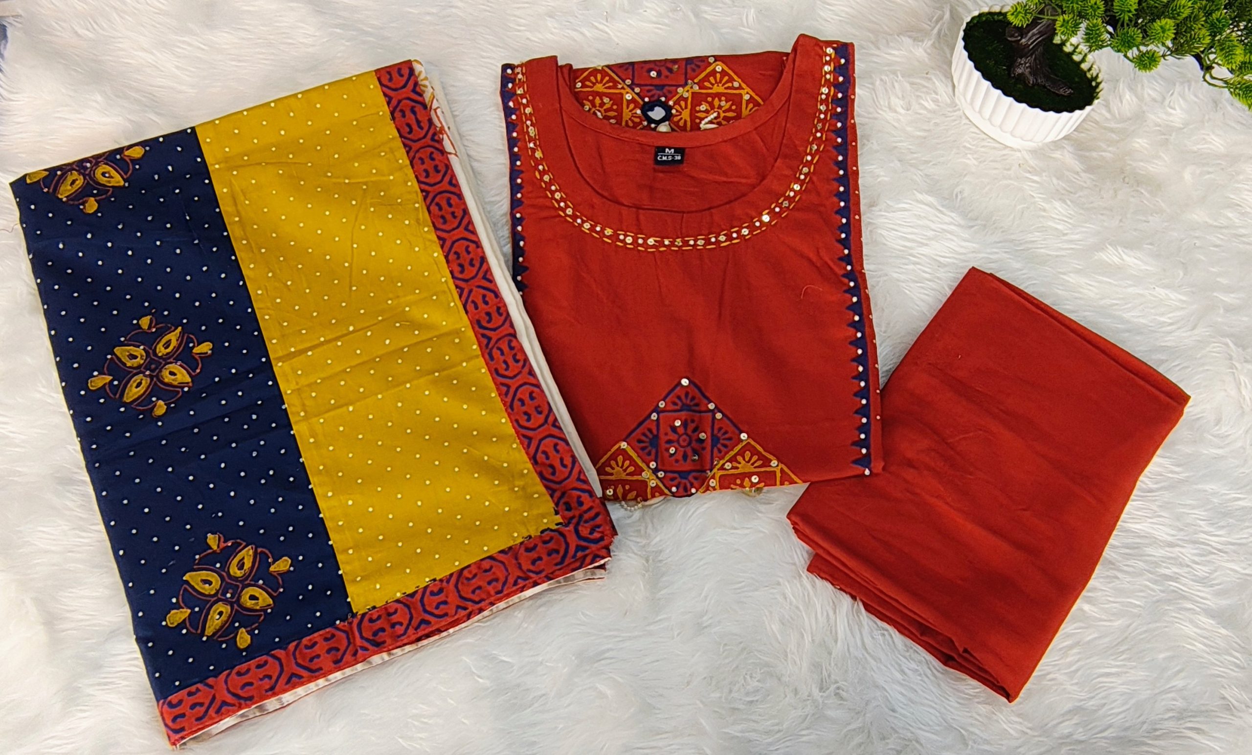 Rust Cotton Mirror Embroidered Straight Kurta Set with Pant & Dupatta - Image 6