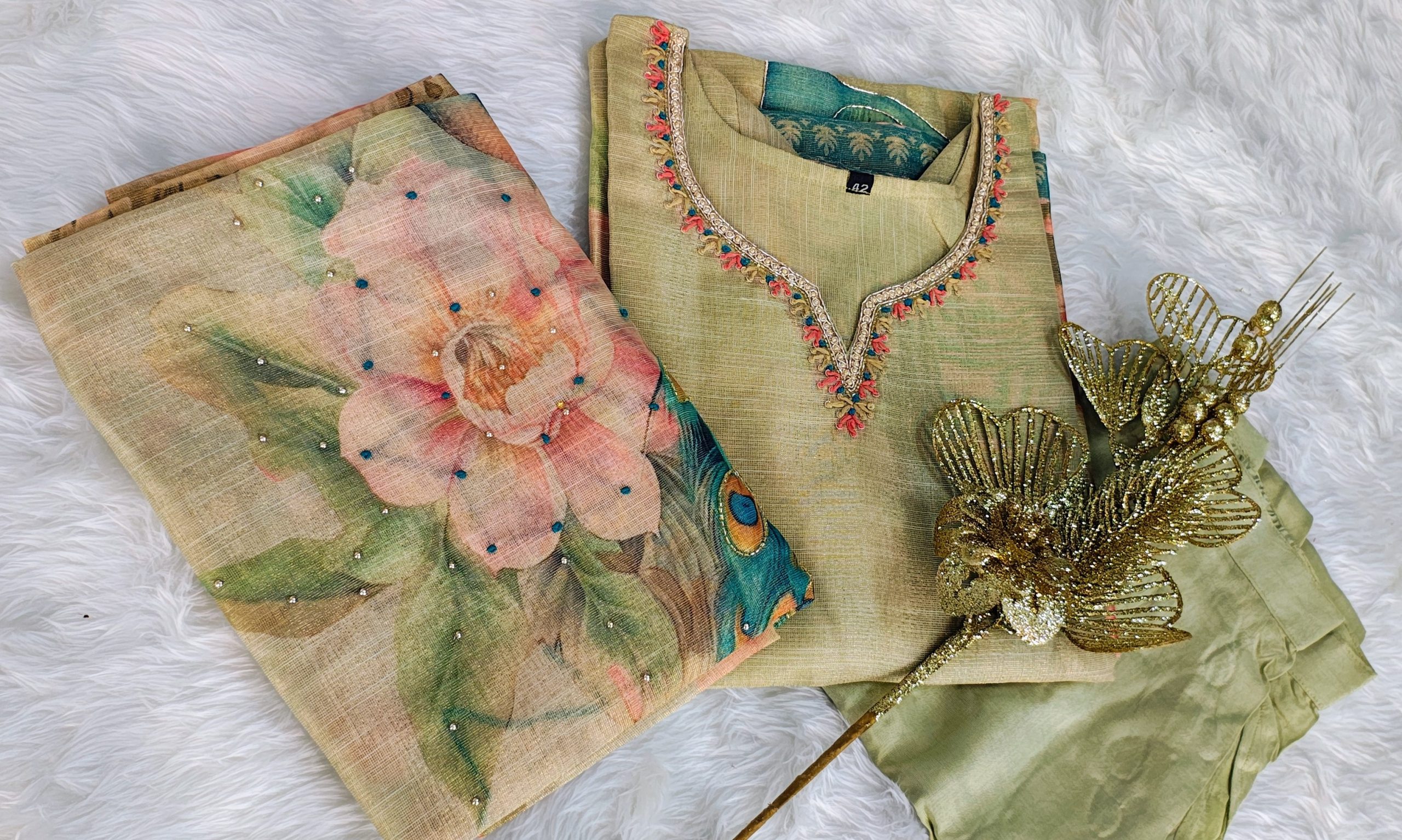 Linen Simar Gold Peacock Embroidered Kurta Set with Pant & Peacock Embroidered Dupatta - Image 4