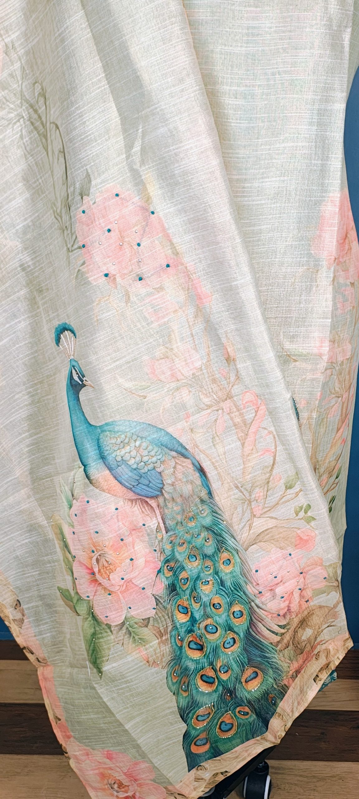 Linen Simar Gold Peacock Embroidered Kurta Set with Pant & Peacock Embroidered Dupatta - Image 6