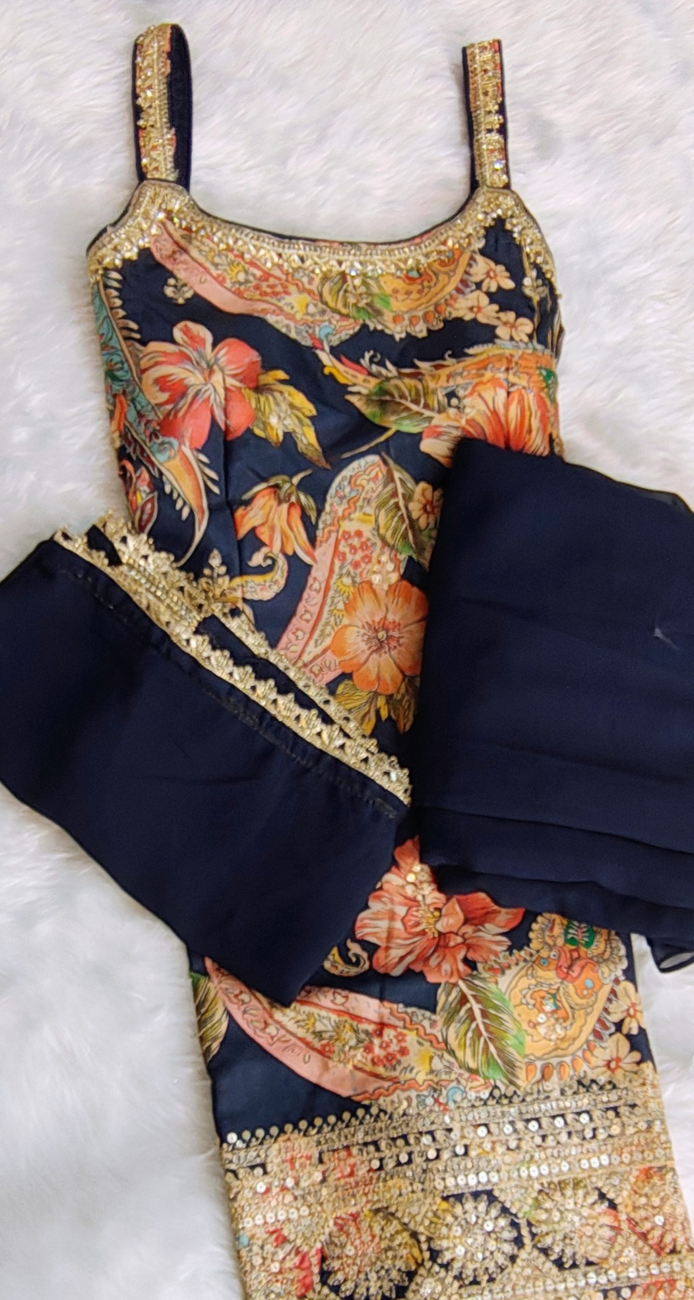 Navy Blue Silk & Georgette Floral Print Party Wear Sharara Set - Image 5