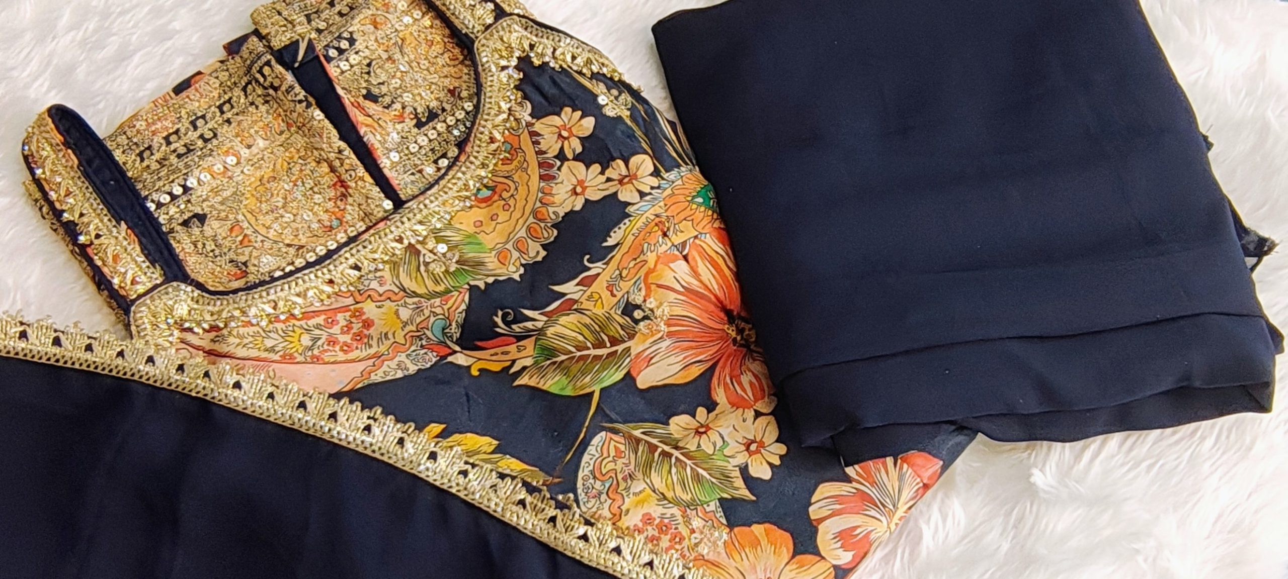 Navy Blue Silk & Georgette Floral Print Party Wear Sharara Set - Image 6