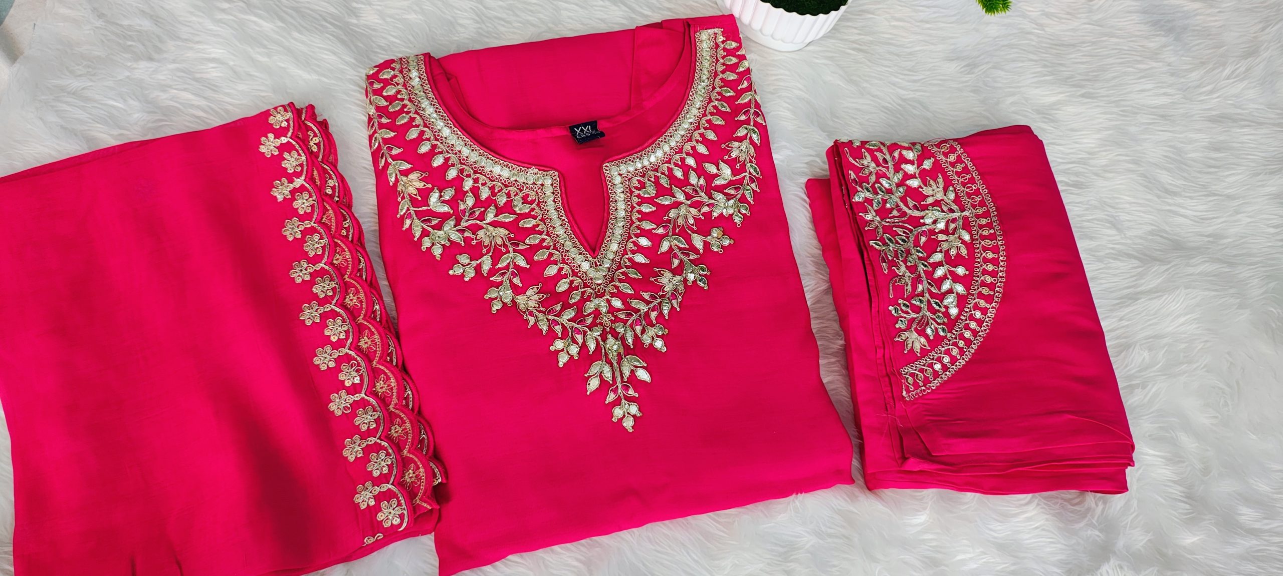 Hot Pink Roman Silk Gold Embroidered Anarkali Kurta Set with Pant, Dupatta & Pockets - Image 4