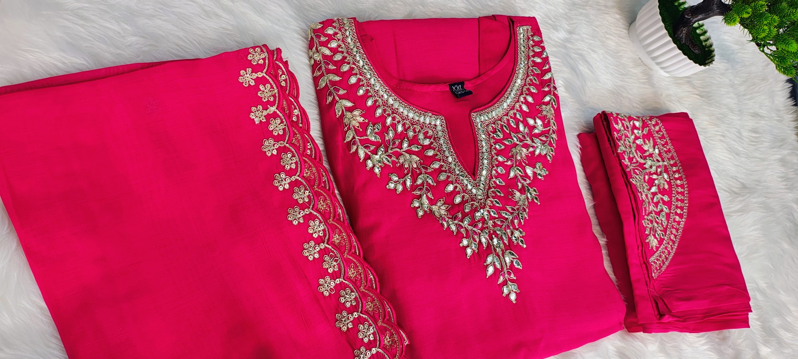Hot Pink Roman Silk Gold Embroidered Anarkali Kurta Set with Pant, Dupatta & Pockets - Image 5