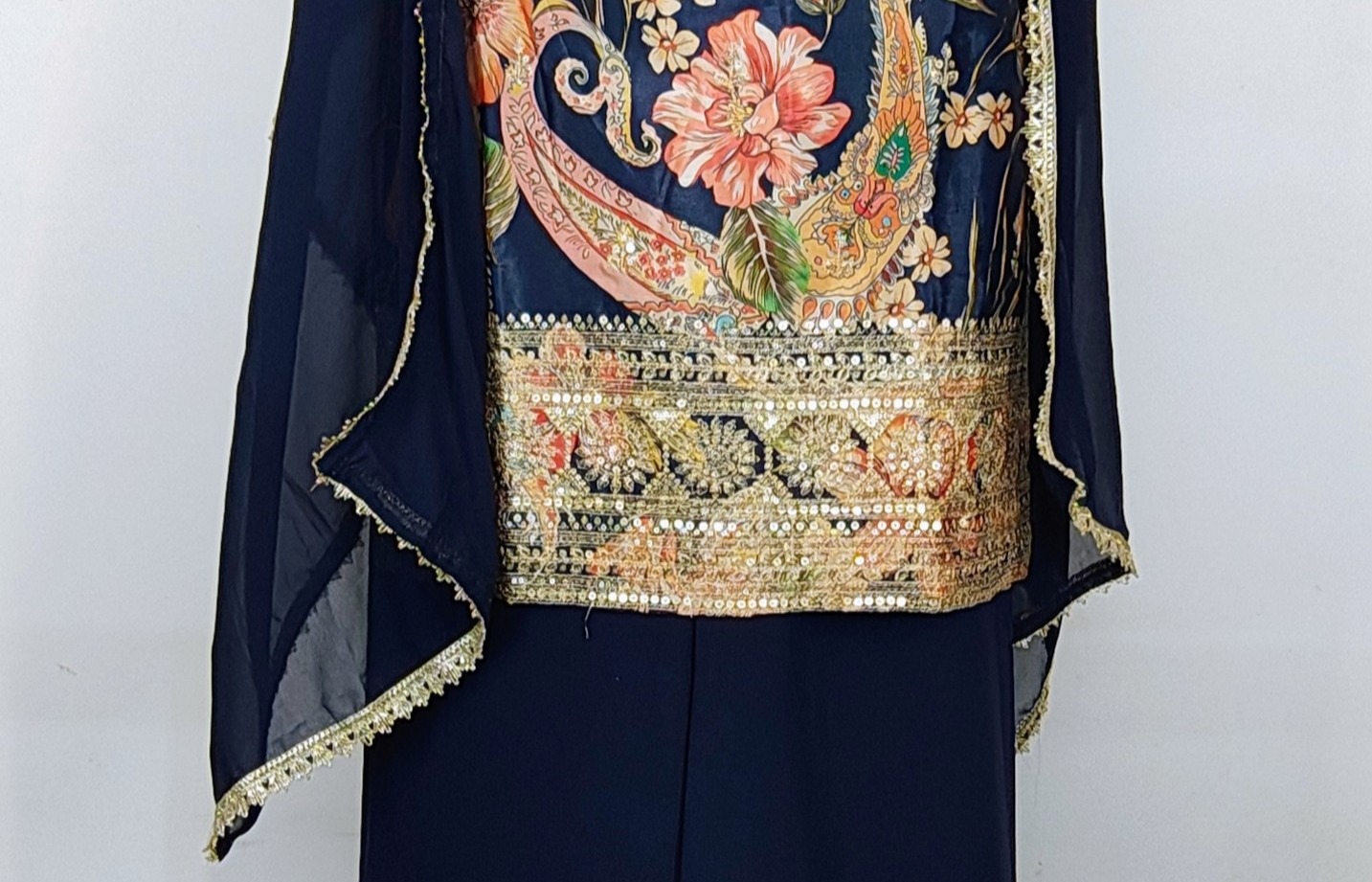 Navy Blue Silk & Georgette Floral Print Party Wear Sharara Set - Image 7