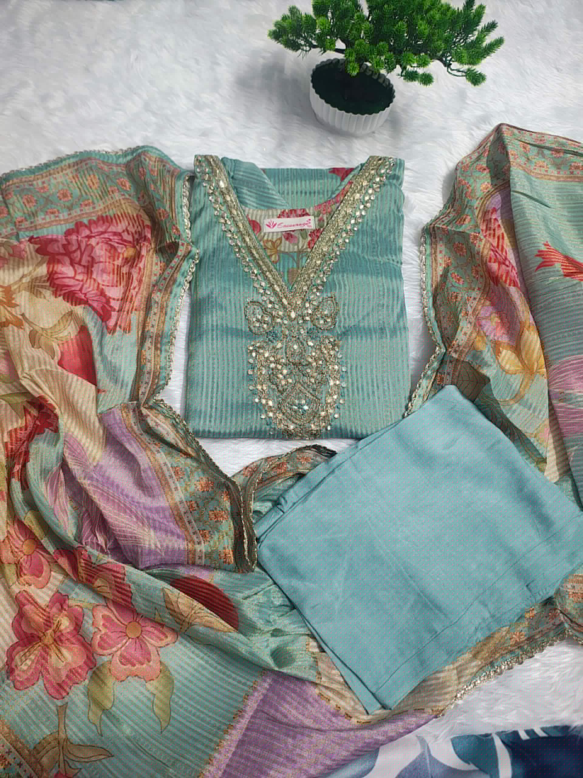 Sapphire Blue Linen Organza Straight Kurta Set with Golden Embroidery, Pant & Floral Dupatta - Image 2