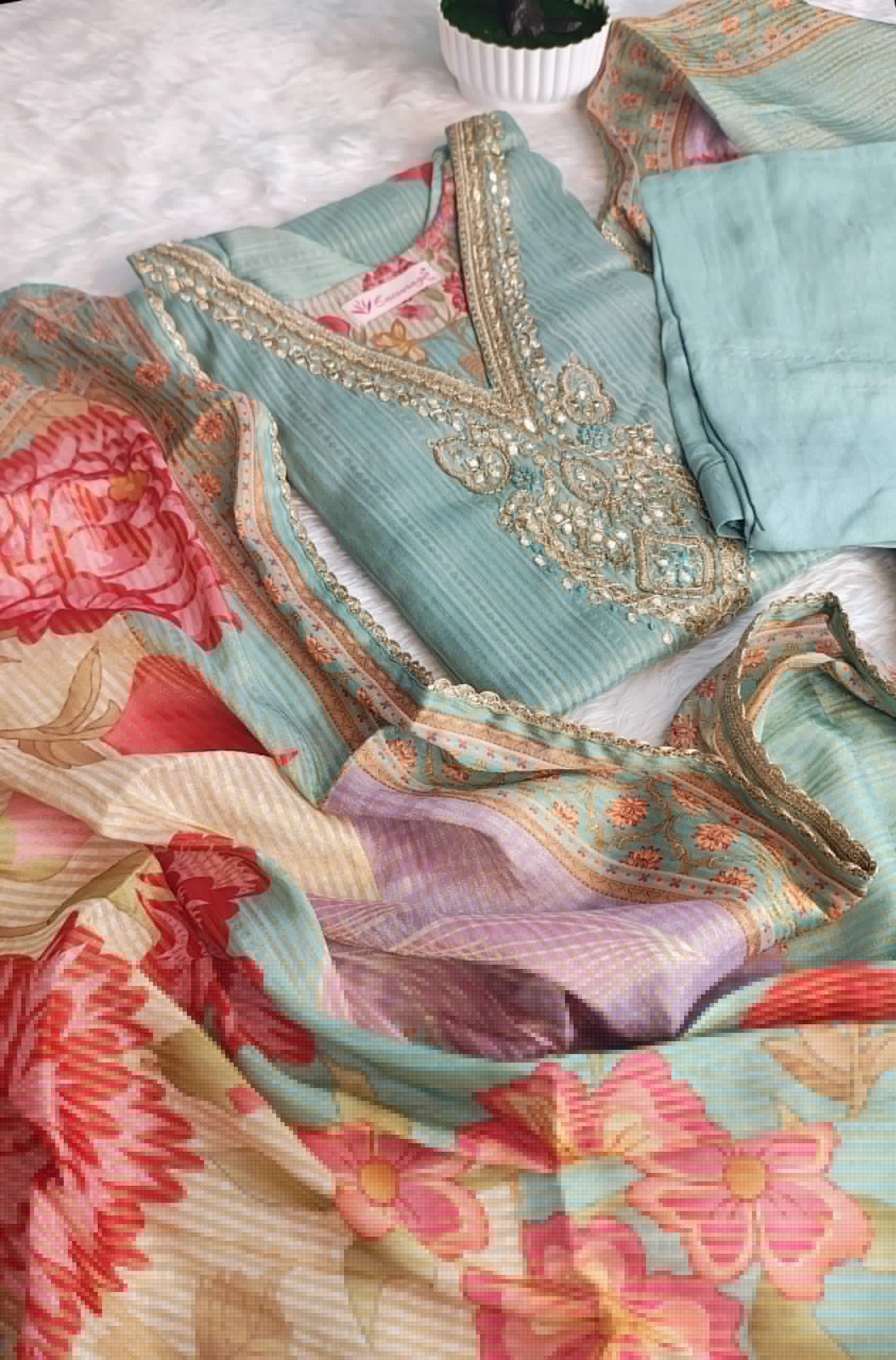 Sapphire Blue Linen Organza Straight Kurta Set with Golden Embroidery, Pant & Floral Dupatta - Image 3