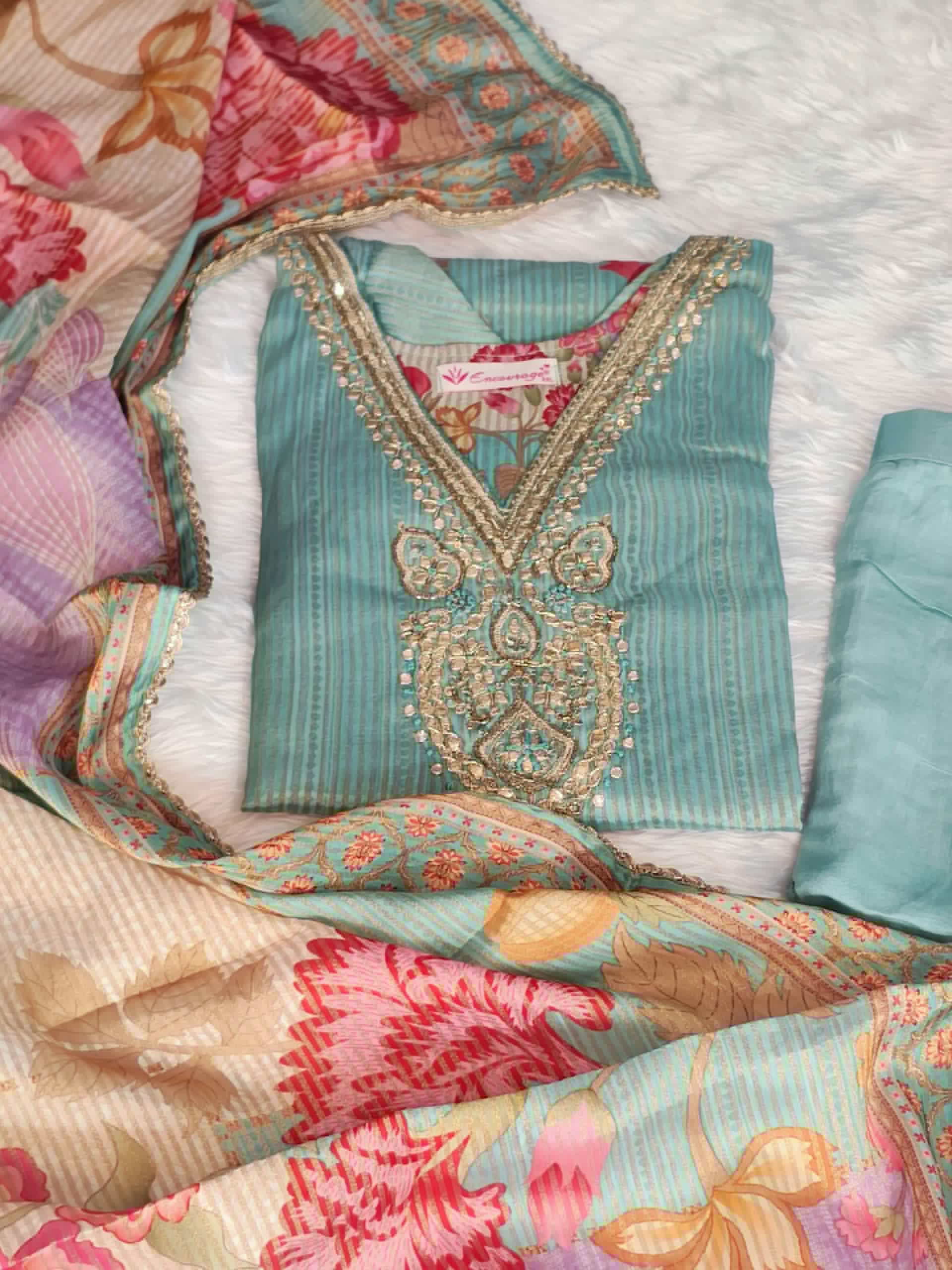 Sapphire Blue Linen Organza Straight Kurta Set with Golden Embroidery, Pant & Floral Dupatta - Image 4