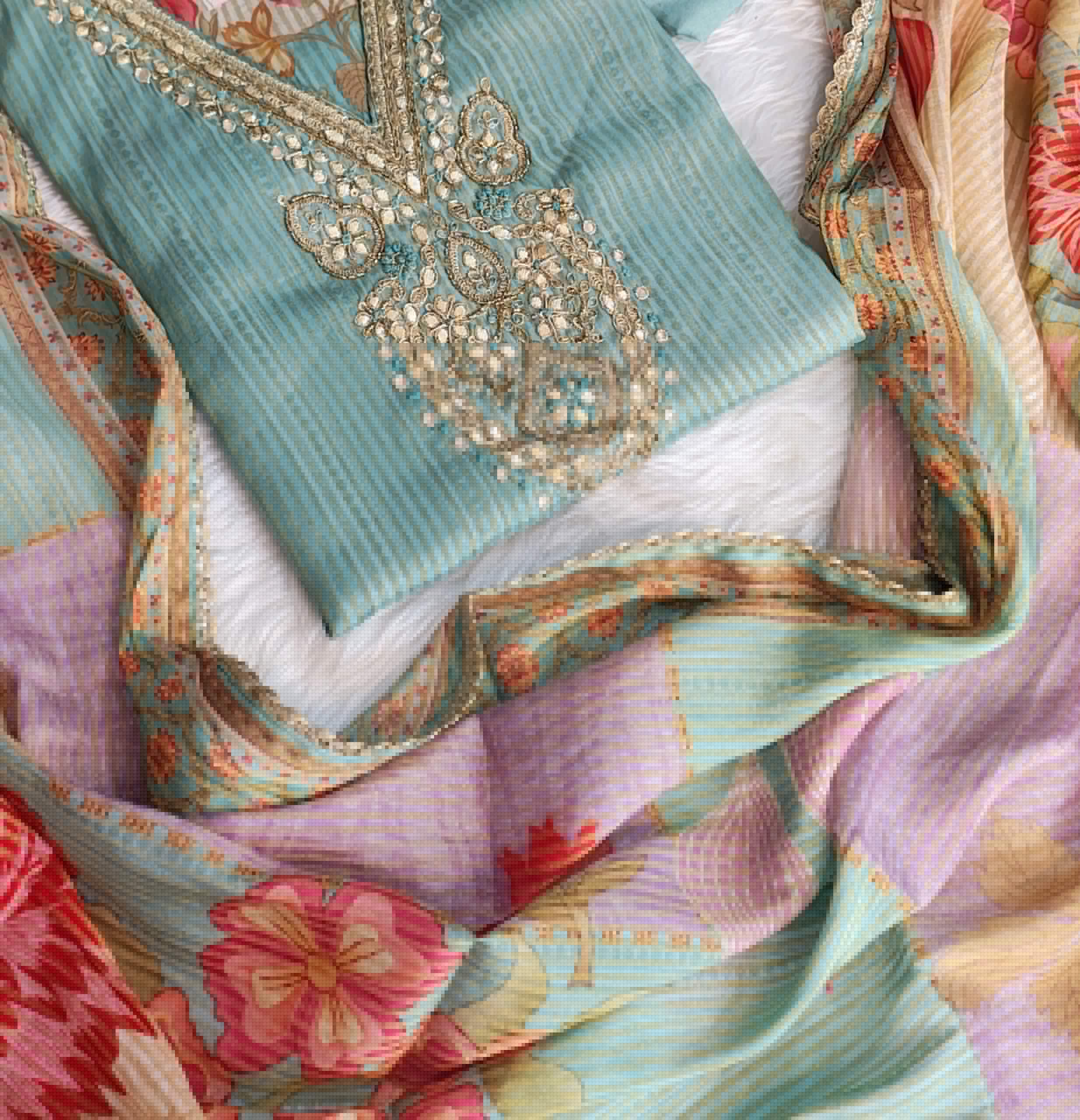 Sapphire Blue Linen Organza Straight Kurta Set with Golden Embroidery, Pant & Floral Dupatta