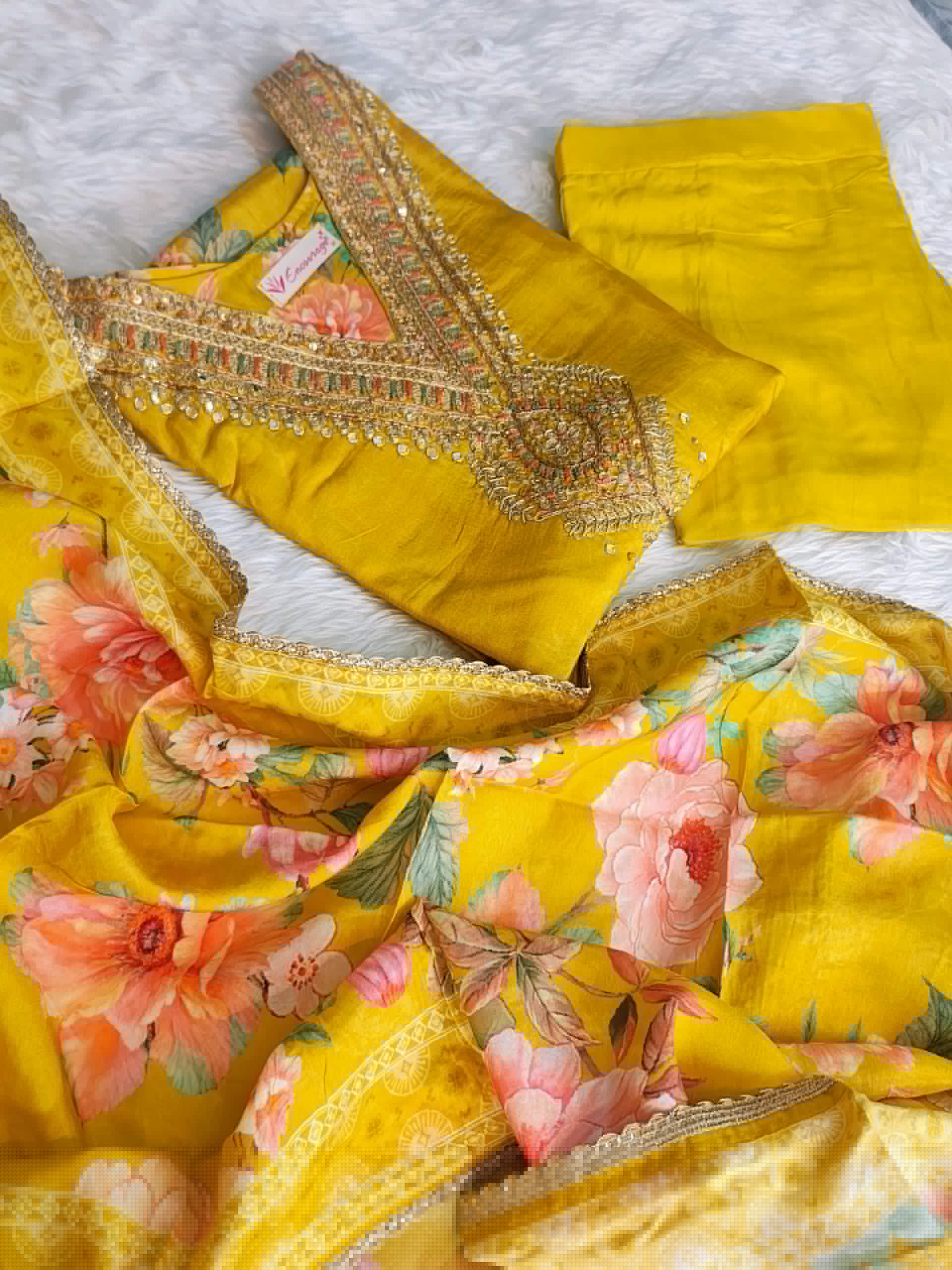 Sunshine Yellow Russian Silk Straight Kurta Set with Golden Embroidery, Pant & Floral Dupatta - Image 3
