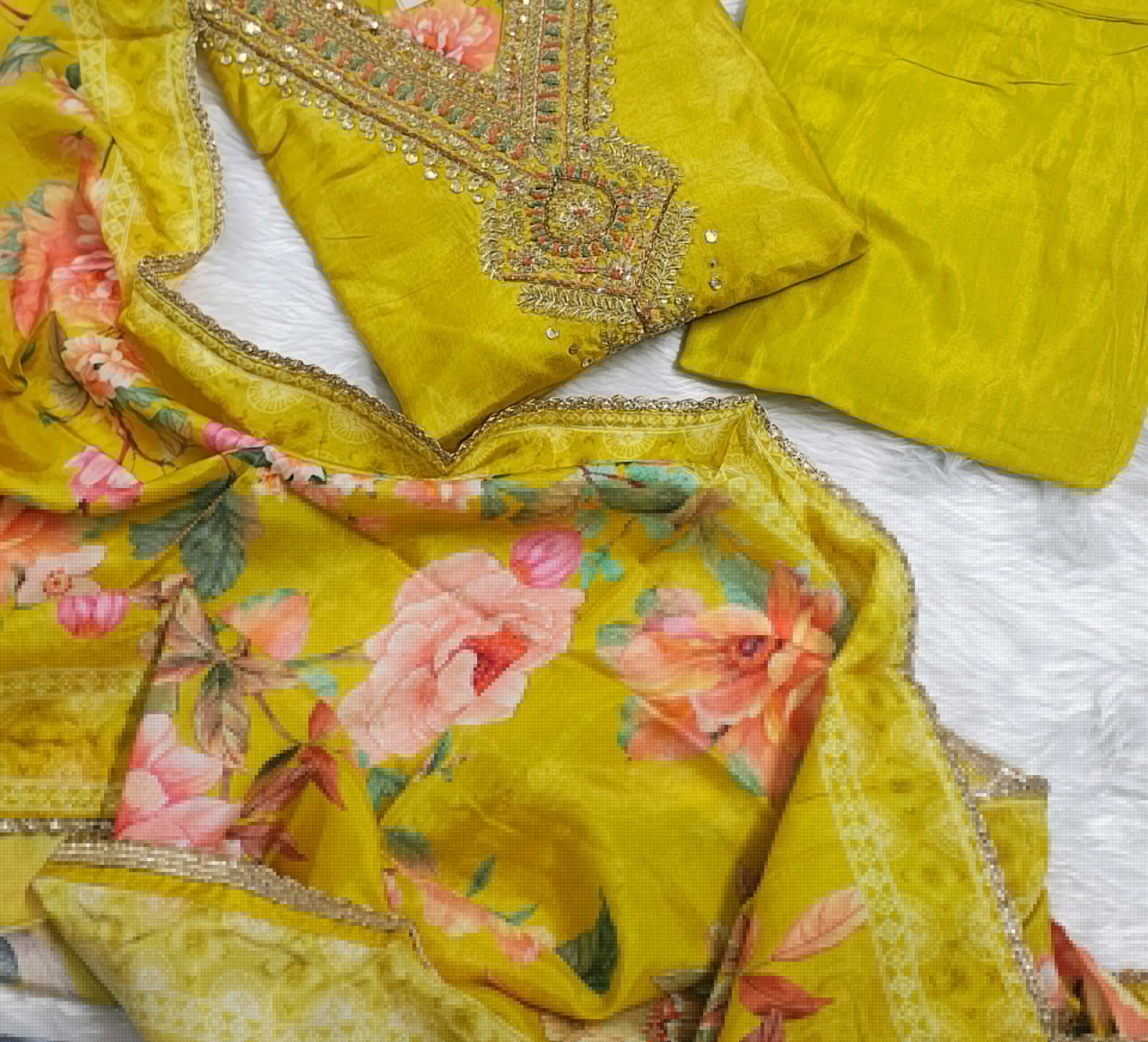 Sunshine Yellow Russian Silk Straight Kurta Set with Golden Embroidery, Pant & Floral Dupatta - Image 4