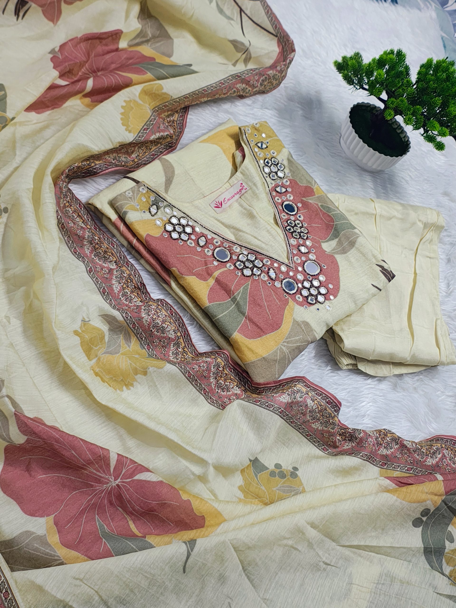 Beige Mul Cotton Mirror Embroidered V-Neck Straight Kurta Set with Pant & Dupatta - Image 3