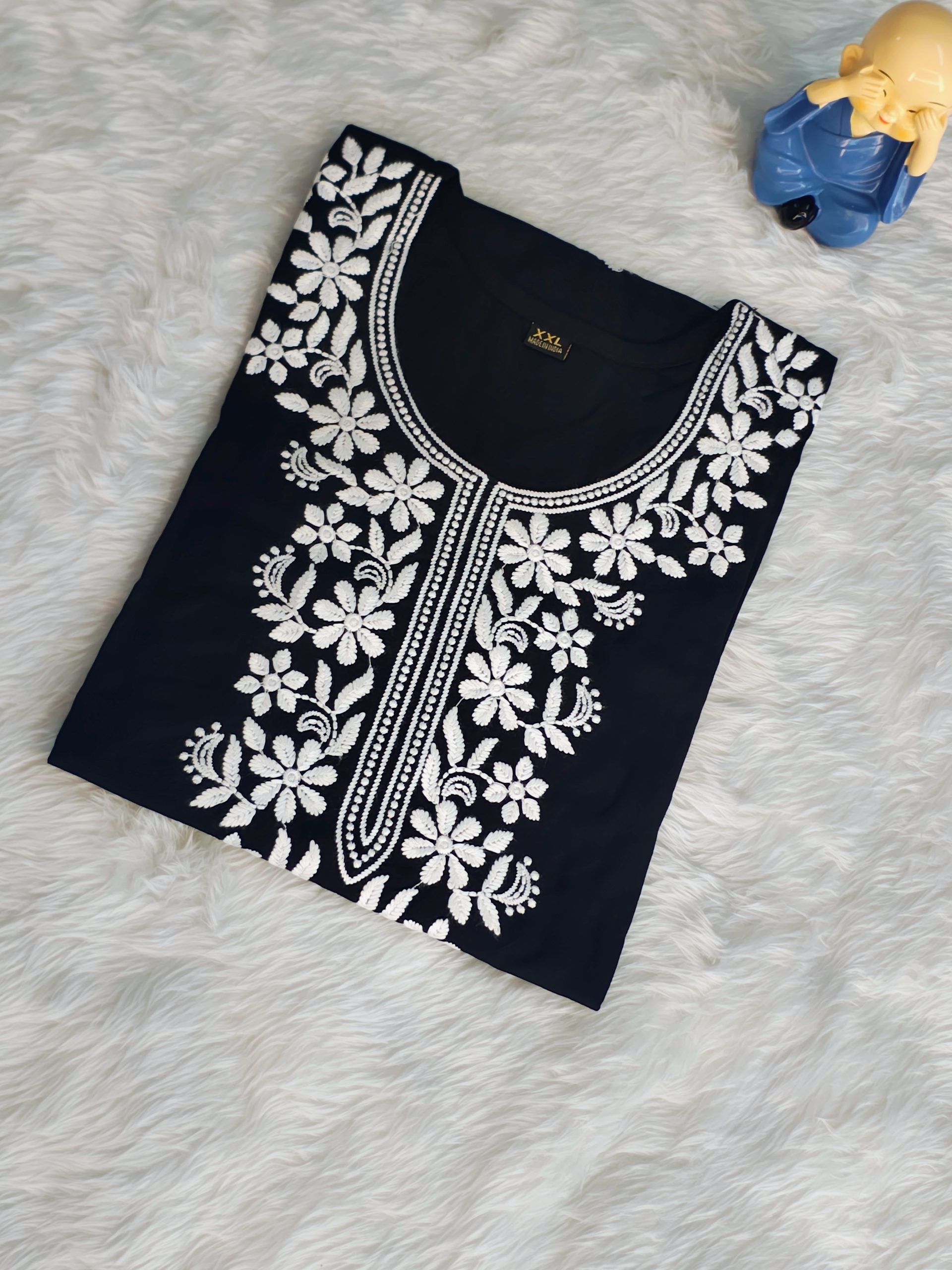 Black Slub Rayon Chikankari Straight Kurta - Image 5