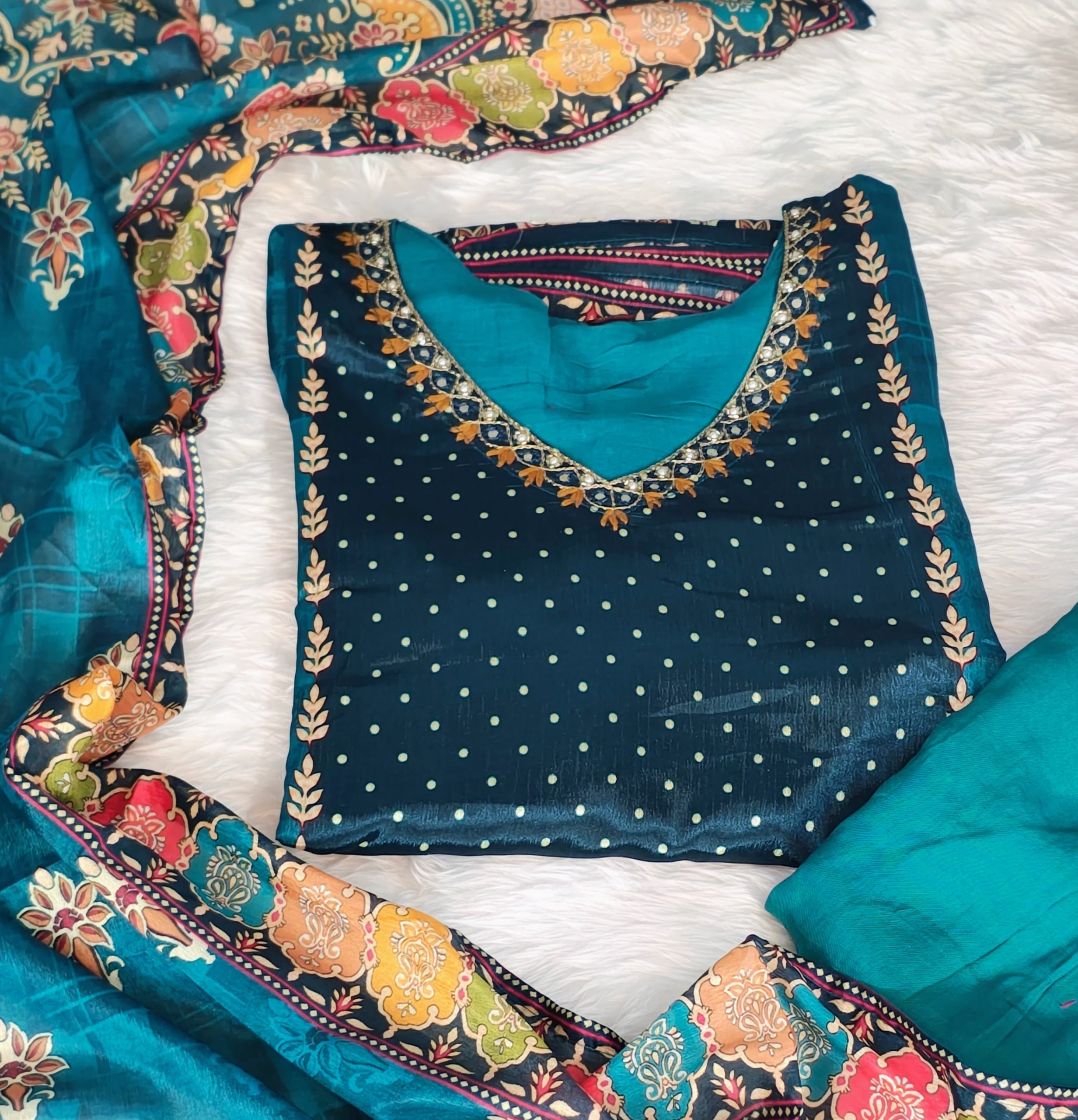 Teal Blue Mul Crepe Embroidered Straight Kurta Set with Pant & Dupatta - Image 6