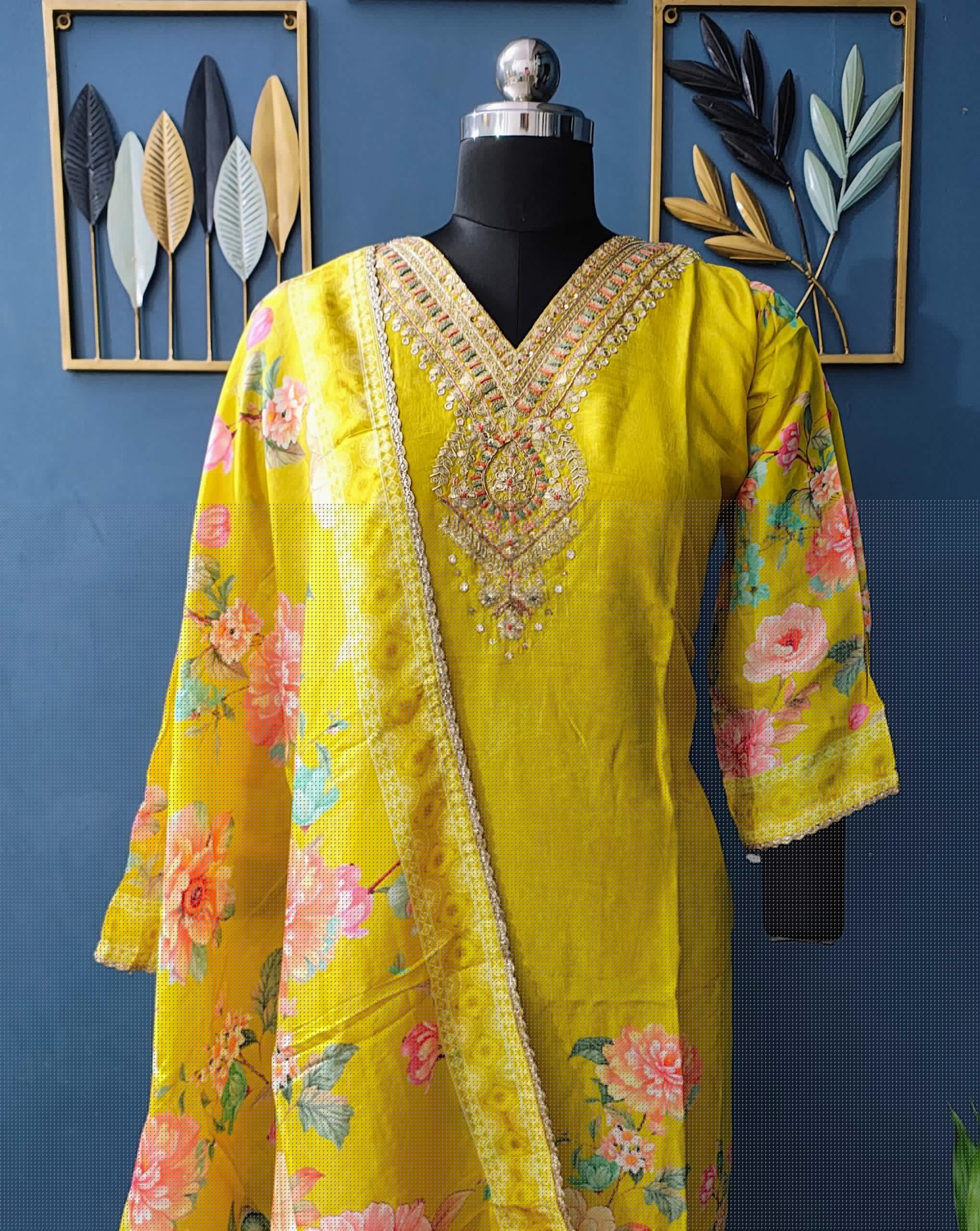 Sunshine Yellow Russian Silk Straight Kurta Set with Golden Embroidery, Pant & Floral Dupatta - Image 5